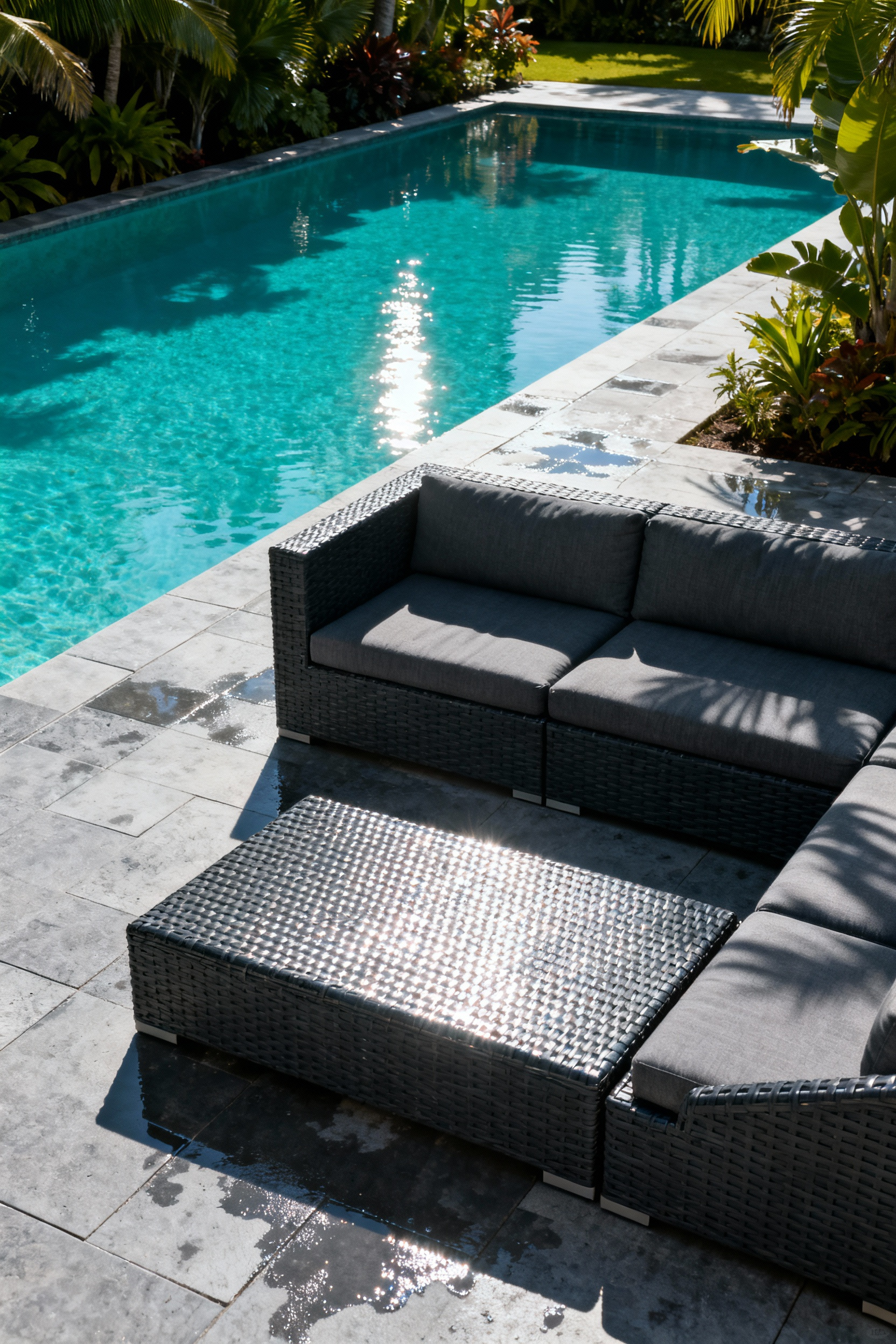 Luxurious dark synthetic resin wicker (HDPE) outdoor sectional sofa positioned poolside on a sunny patio, illustrating furniture designed to withstand intense humidity and UV rays.