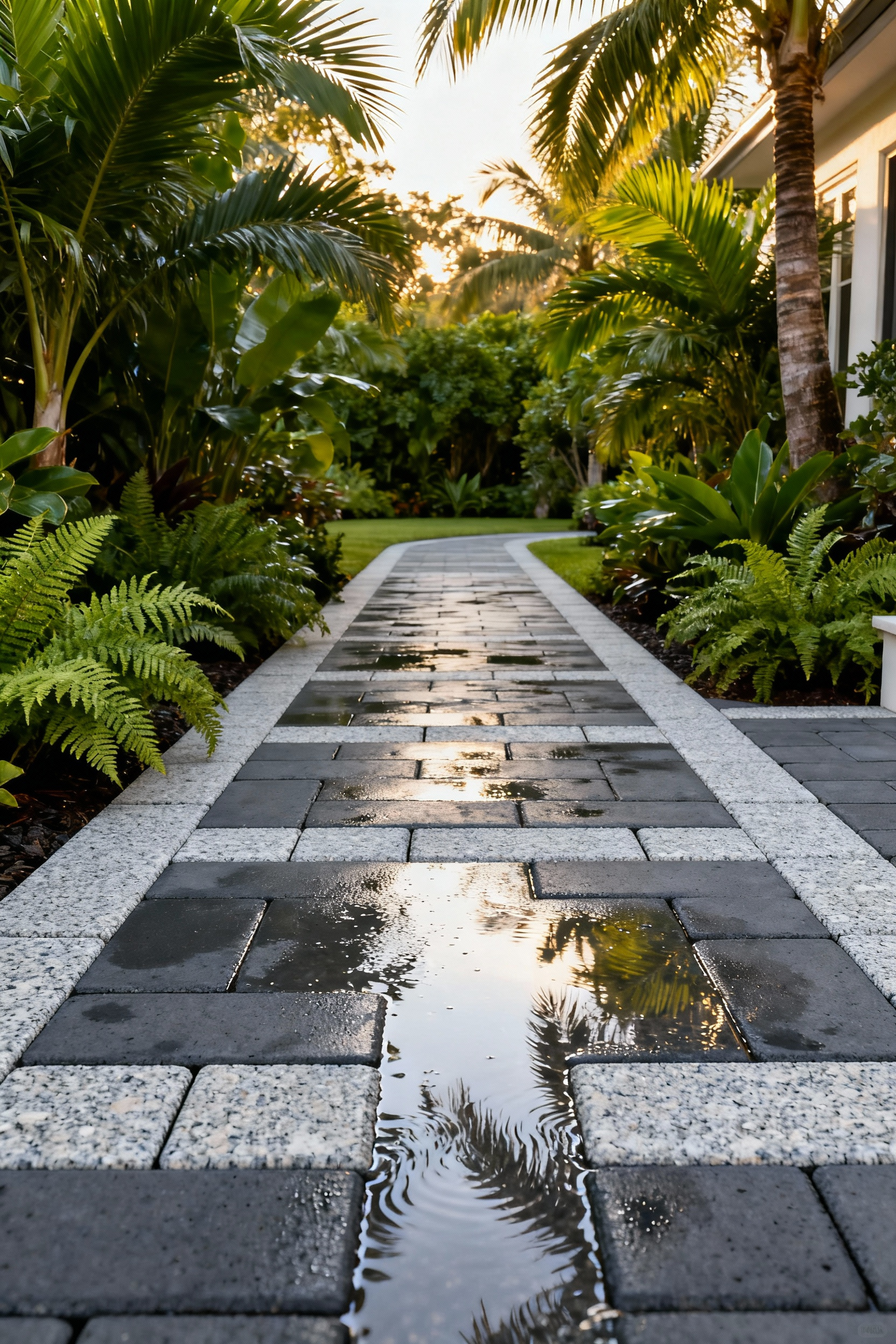 Permeable Interlocking Concrete Pavement (PICP) patio effectively draining tropical rainfall through aggregate-filled joints, surrounded by lush garden landscaping.