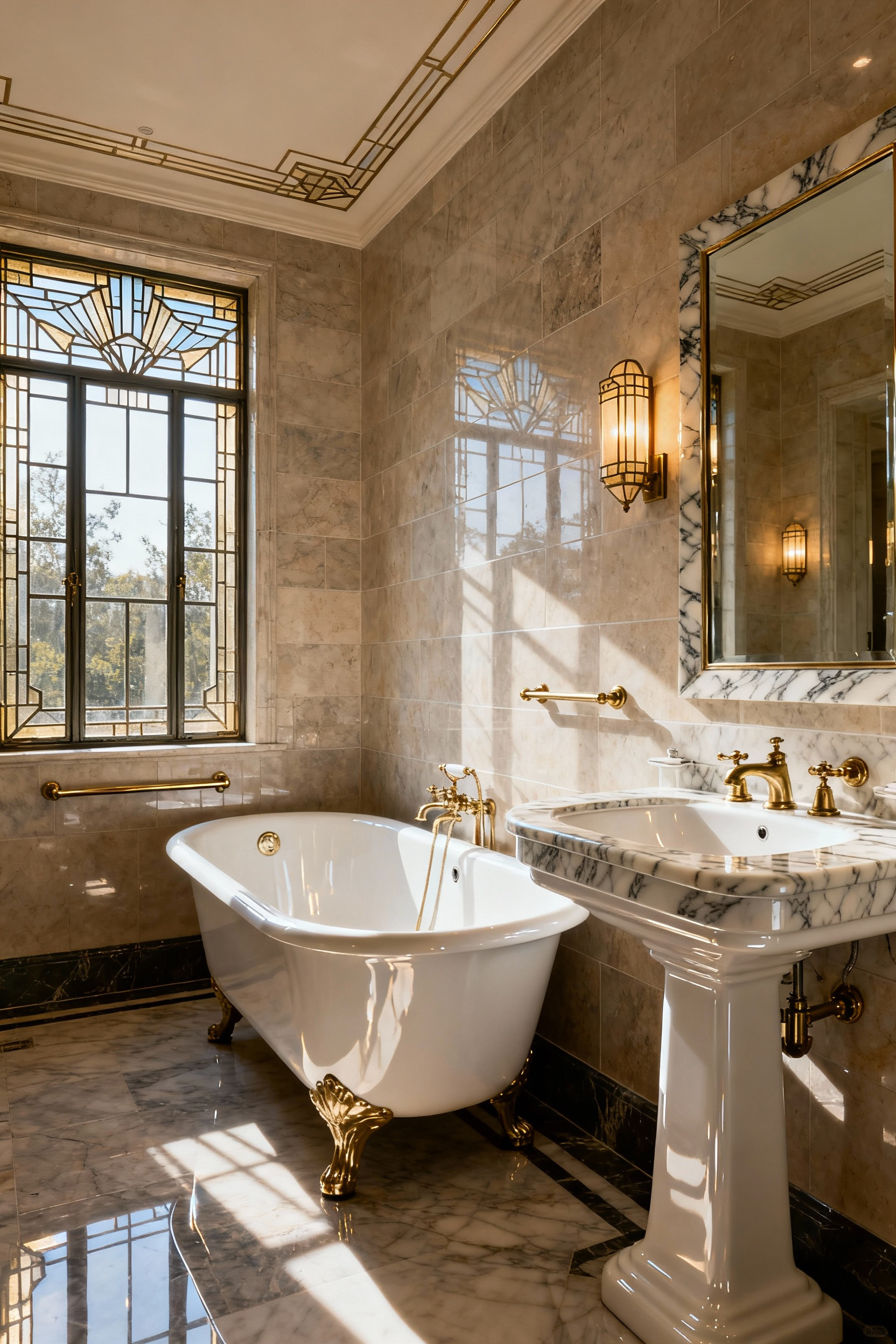 A vintage-inspired bathroom featuring a highly reflective white high-gloss enamel clawfoot bathtub and pedestal sink, paired with natural stone walls and aged brass hardware, showcasing luxurious design and amplified light.
