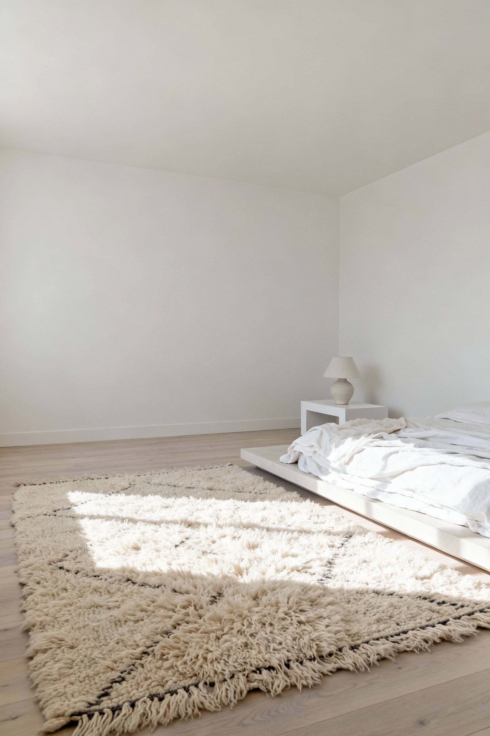 A serene minimalist white bedroom featuring a thick, high-pile cream Berber rug placed prominently under a low platform bed, demonstrating acoustic softening in a hard-surfaced room.
