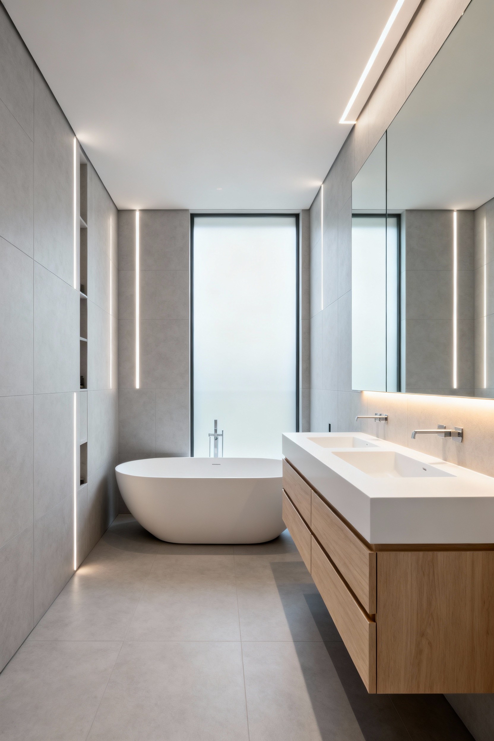 A minimalist, high-tech Zen bathroom featuring a floating wood vanity, recessed storage, seamless gray tiles, and a deep white soaking tub, designed for mental clarity and simplicity.