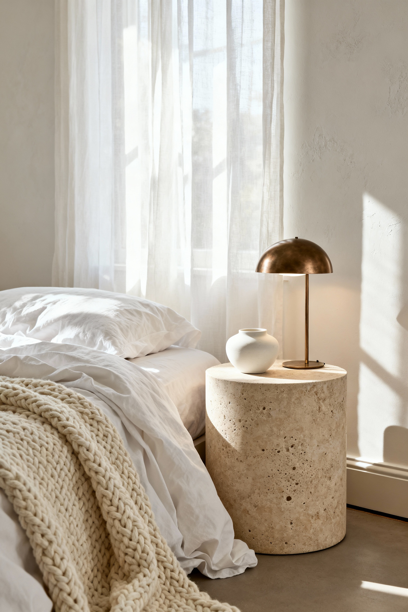 Honed travertine cylindrical bedside table placed beside a minimalist white bed with layered linen textiles, showcasing the stone's creamy, porous texture under soft, diffused morning light.