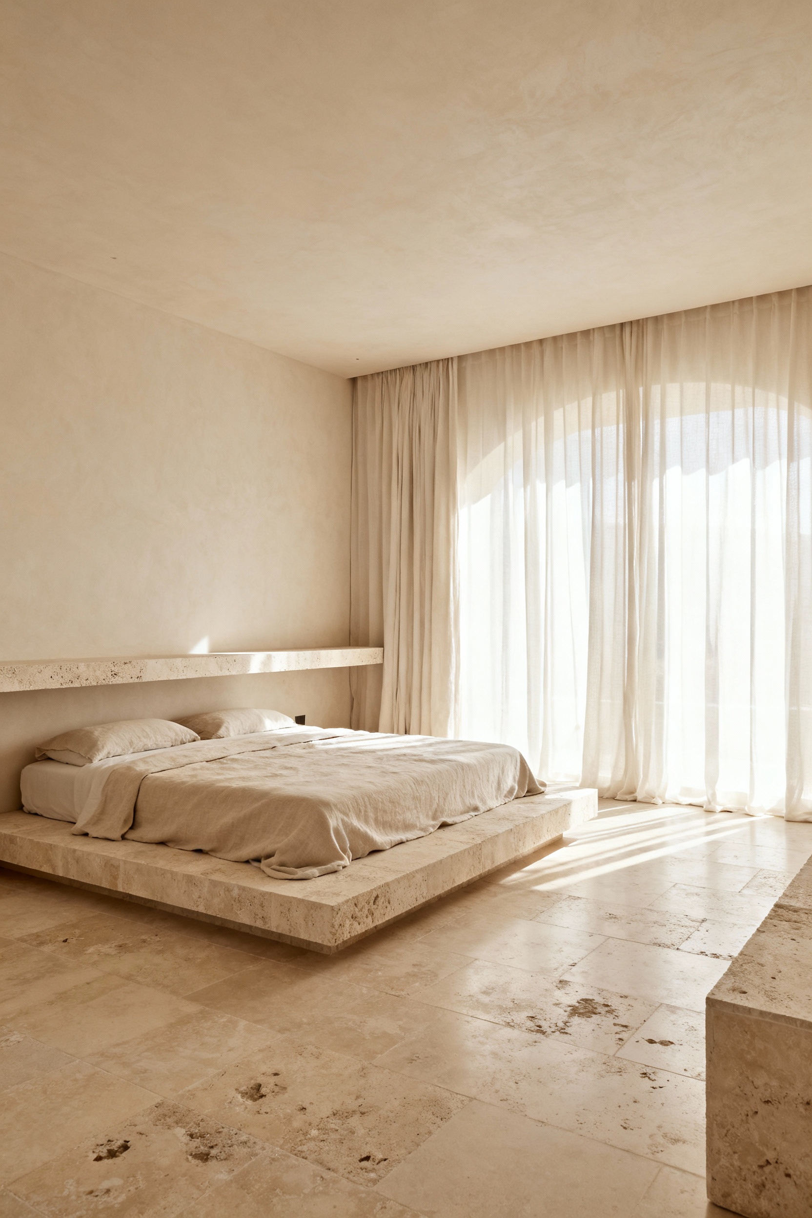 A serene beige bedroom showcasing matte honed travertine tile flooring and integrated architectural elements, establishing a grounded, quiet luxury aesthetic.
