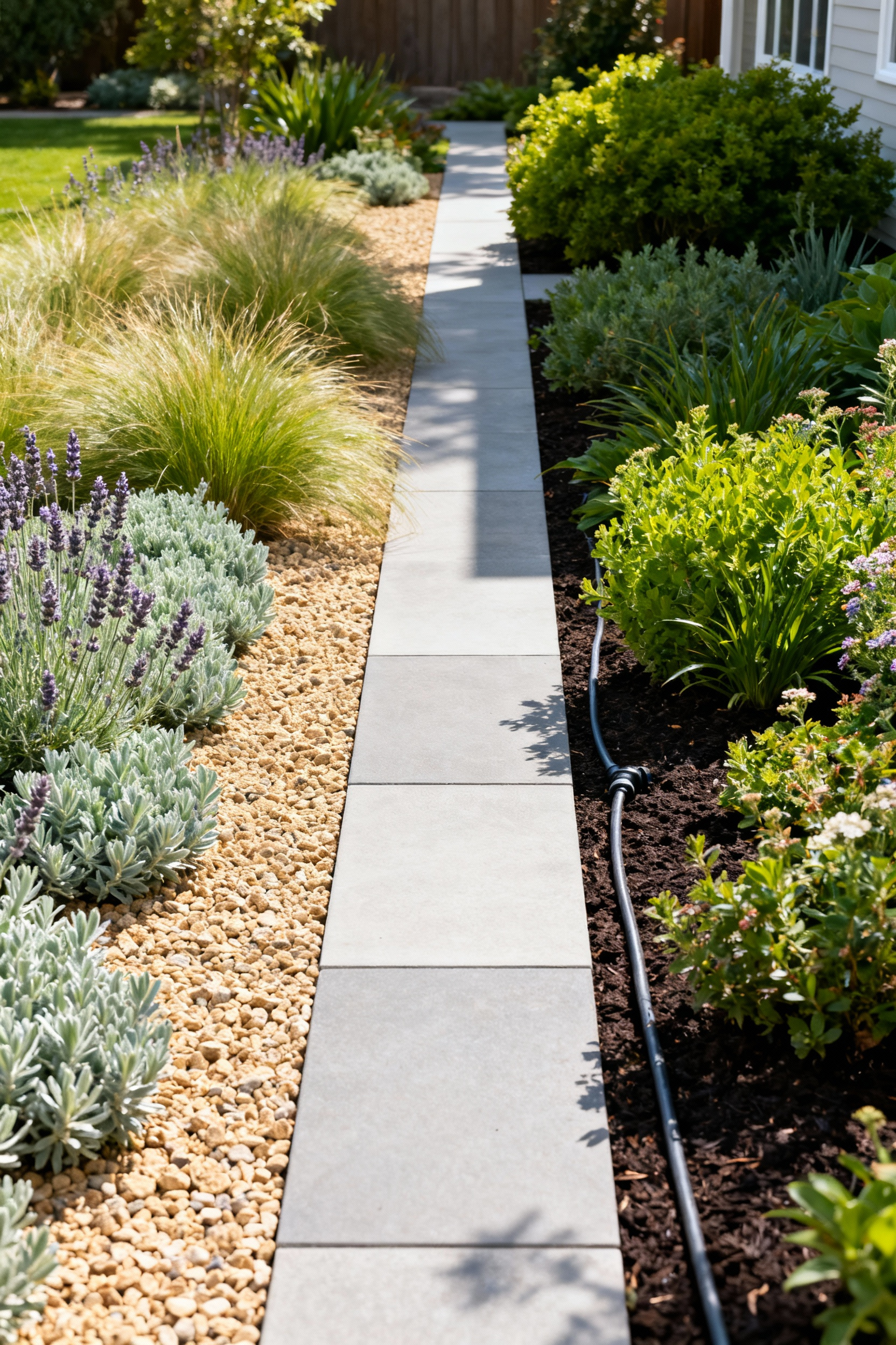 A sustainable garden landscape demonstrating hydro-zoning with clear divisions between a low-water zone featuring succulents and gravel mulch and a moderate-water zone featuring lush perennials, separated by a flagstone walkway.