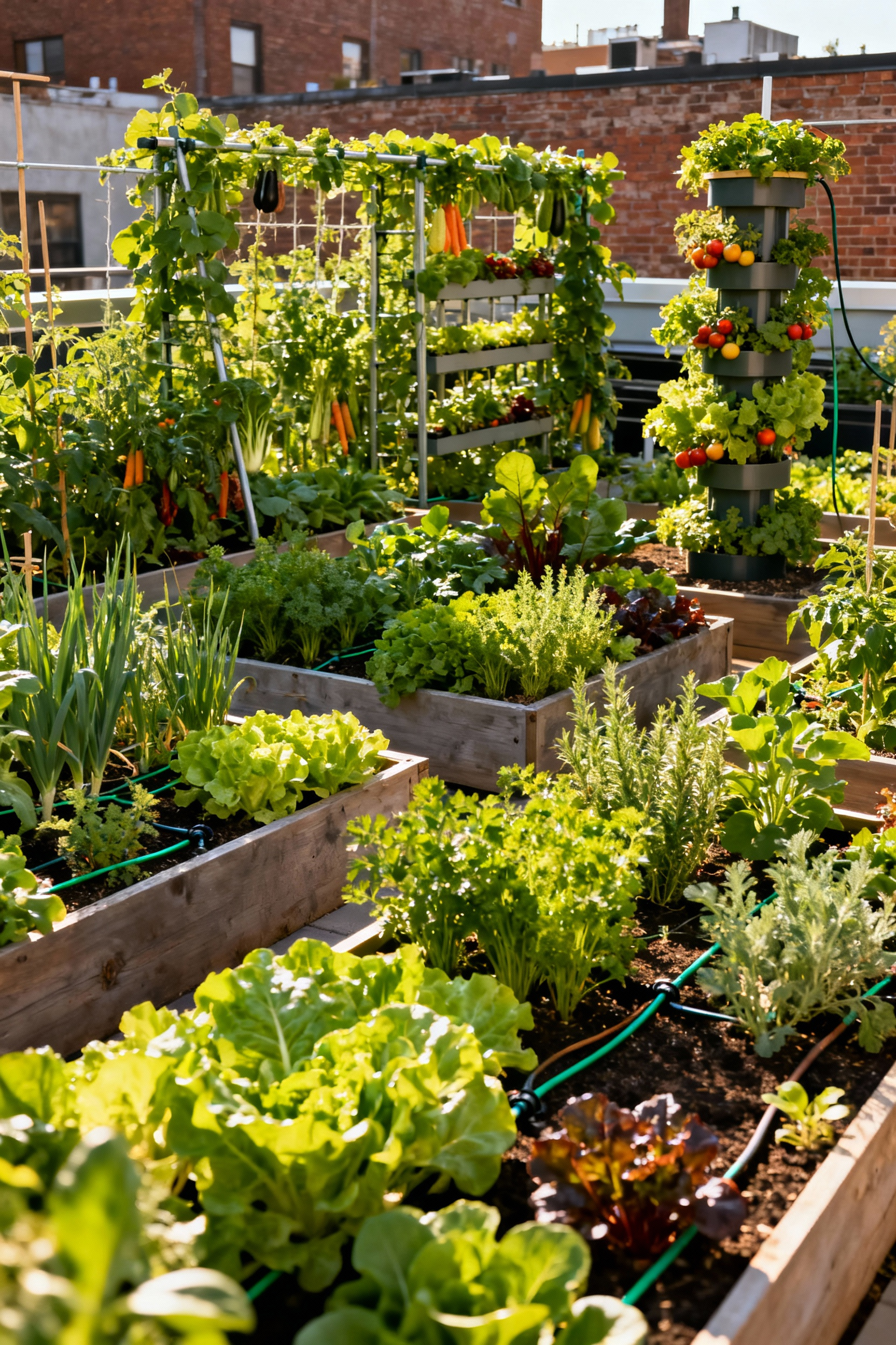 A thriving urban garden showcasing intensive agriculture techniques. Raised beds are packed with a variety of healthy vegetables and herbs, with vertical trellises and plant towers full of produce. The scene illustrates high-yield efficiency in small spaces, featuring lush green foliage under natural sunlight. No people are present, and it's a vibrant, sustainable food production scene.