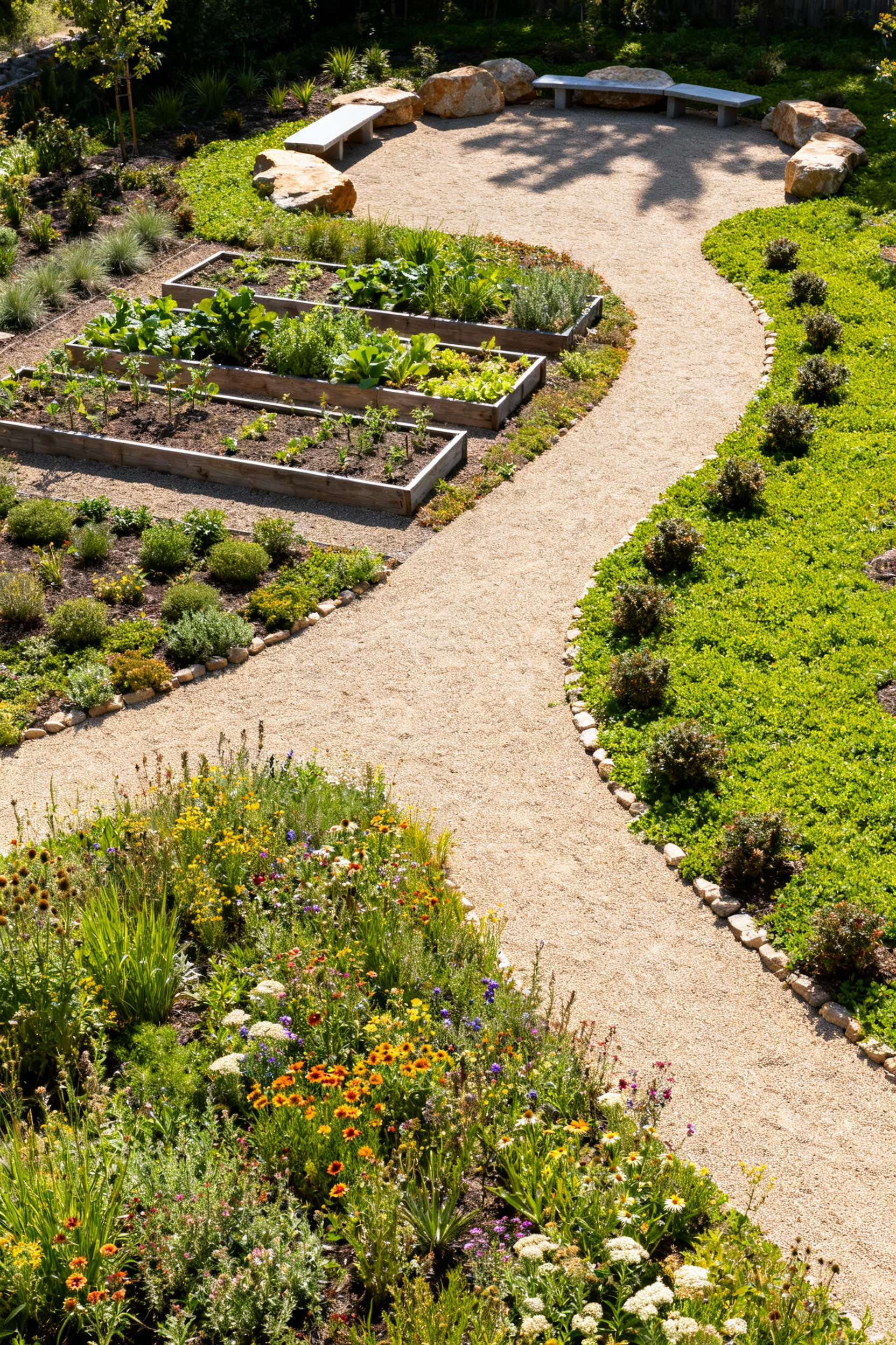An overhead view of a regenerative garden designed with distinct intentional zones connected by permeable decomposed granite pathways, featuring a pollinator garden, raised edible beds, and a seating area, under natural daylight.