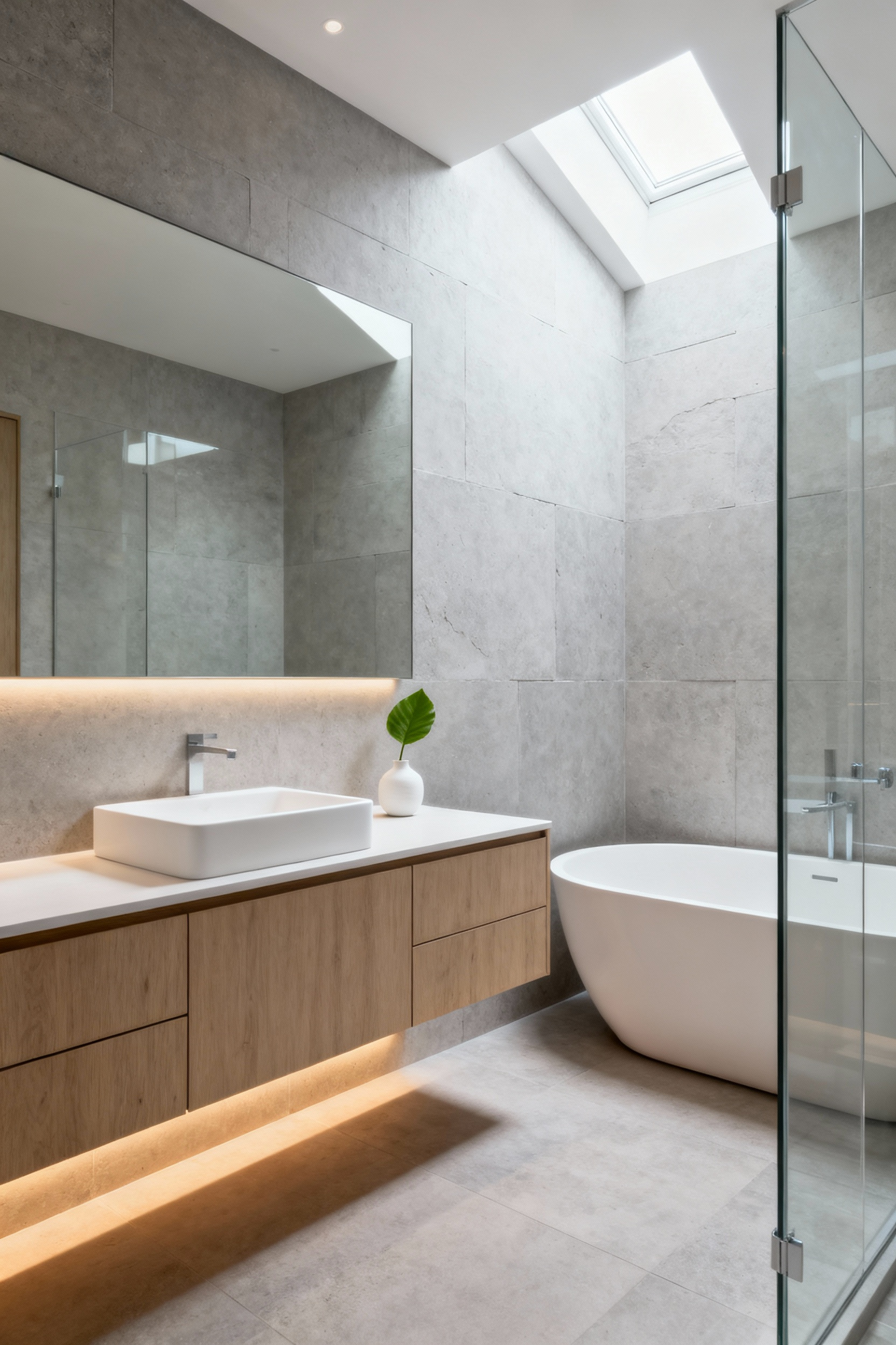 A serene, minimalist bathroom featuring a floating pale oak vanity, frameless mirror, and concealed storage, designed as a tranquil vessel for mental clarity.