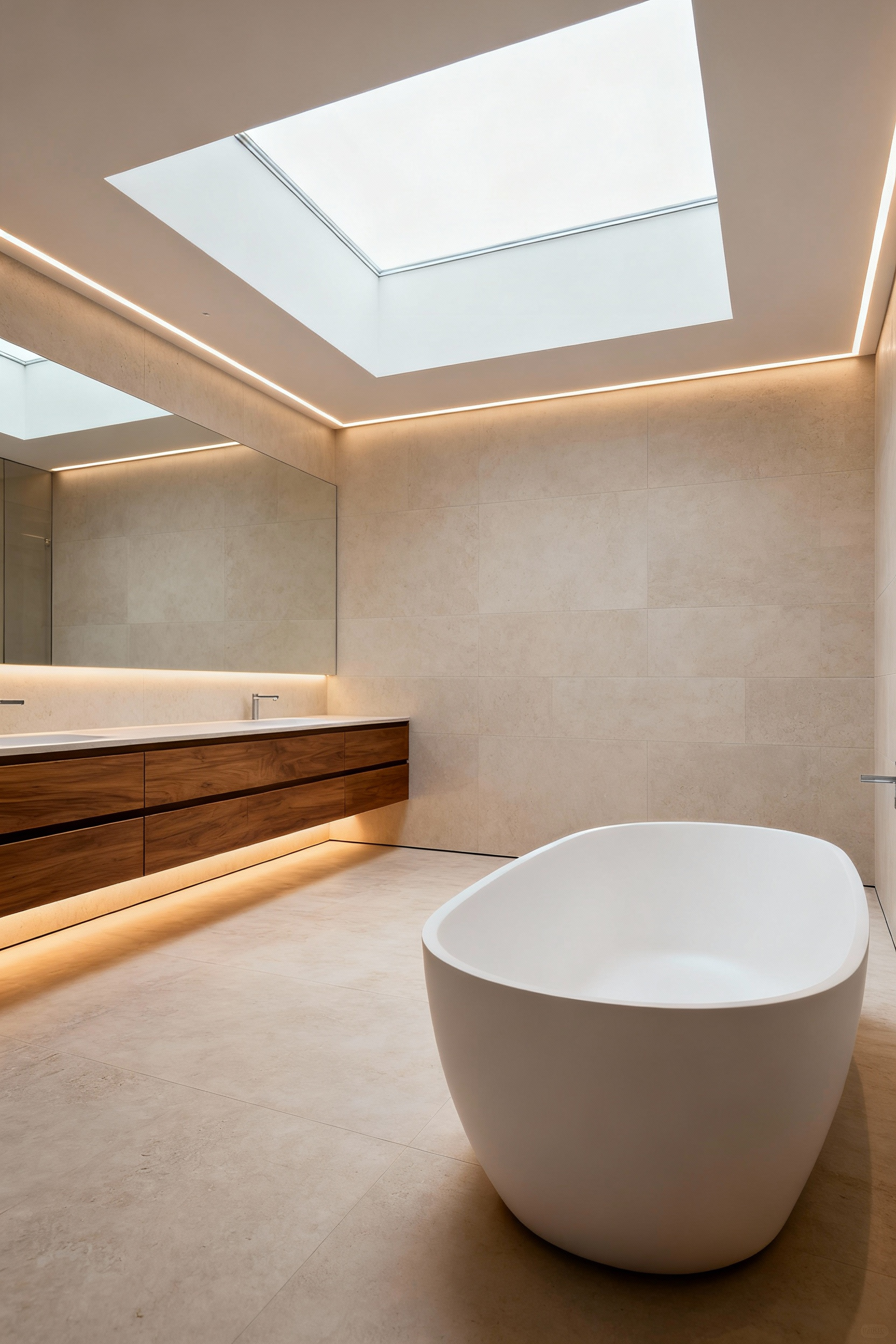 Seamless luxury bathroom design featuring a floating walnut vanity, radiant limestone flooring, and integrated linear lighting emphasizing invisible technology and minimalist architecture.