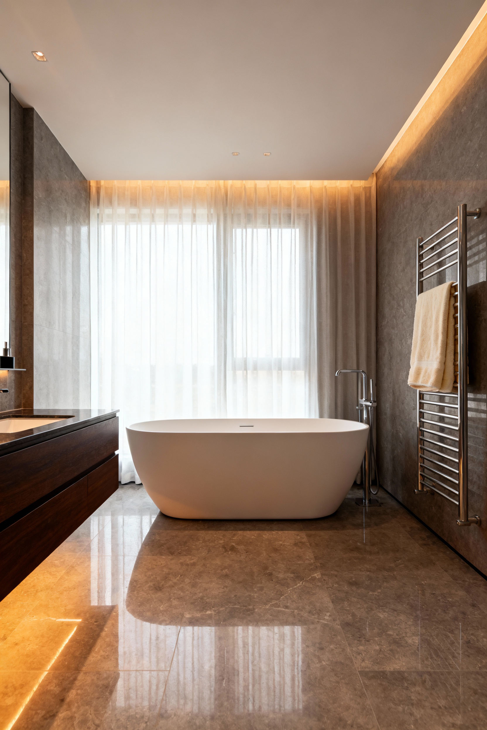 Luxury bathroom featuring warm, large-format tile flooring and a sleek heated towel bar, illustrating invisible radiant heating technology.
