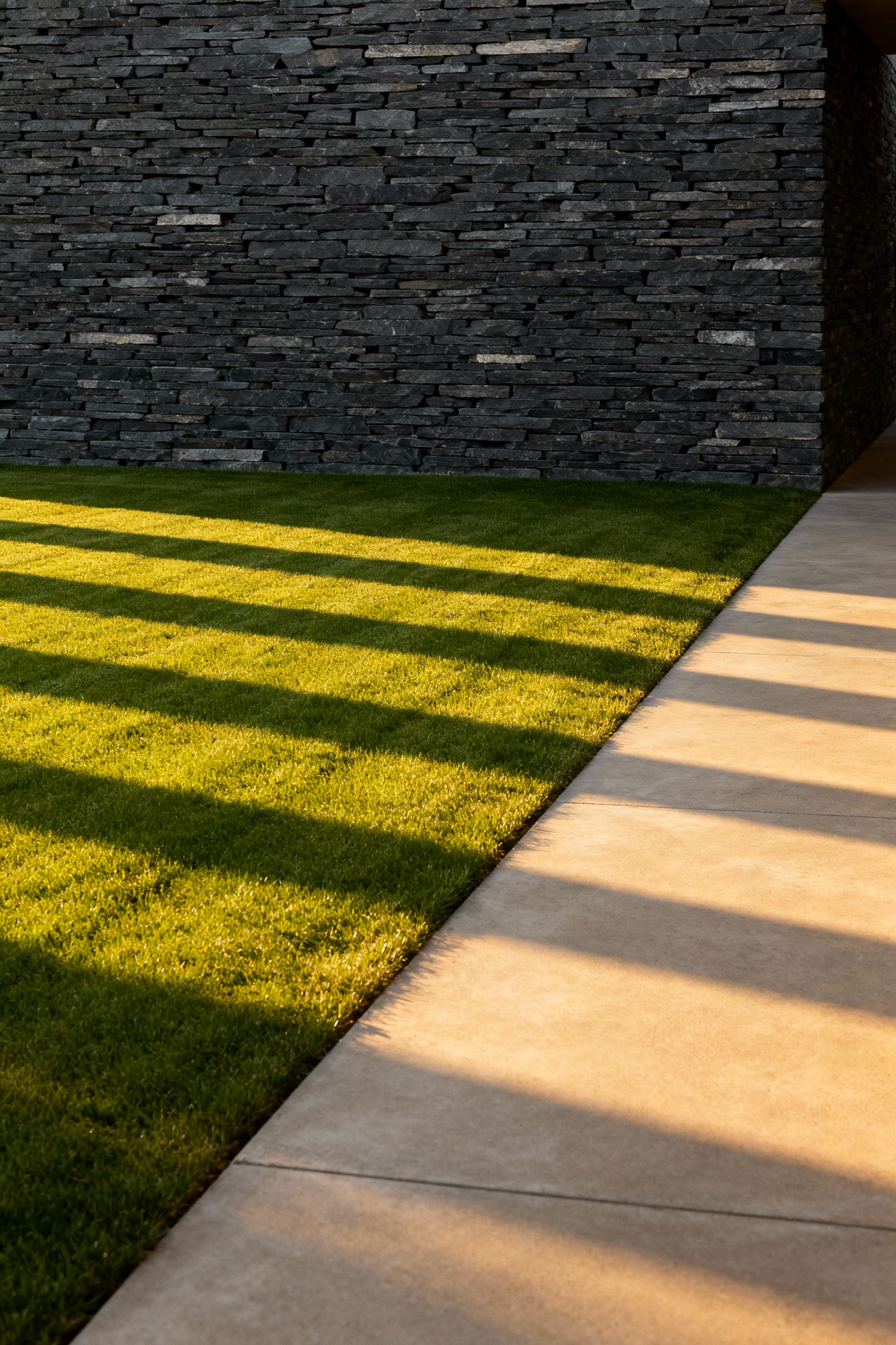A contemporary garden design showing an expansive, perfectly striped lawn utilized as negative space, framing a dark, sculptural stacked slate retaining wall and concrete pathways under warm golden hour light.