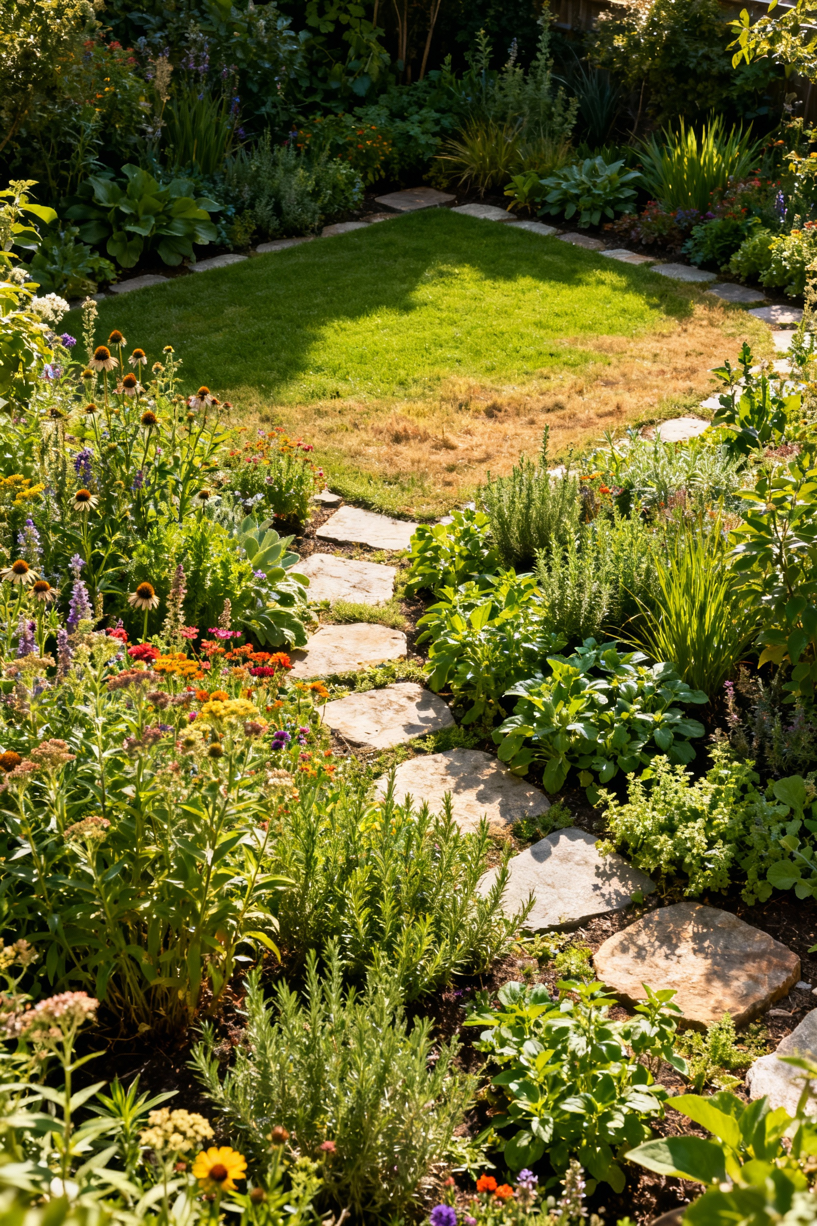 A detailed portrait of a diverse ecological lawn garden featuring native plants, flowers, and edible herbs, representing a departure from traditional monoculture lawns.