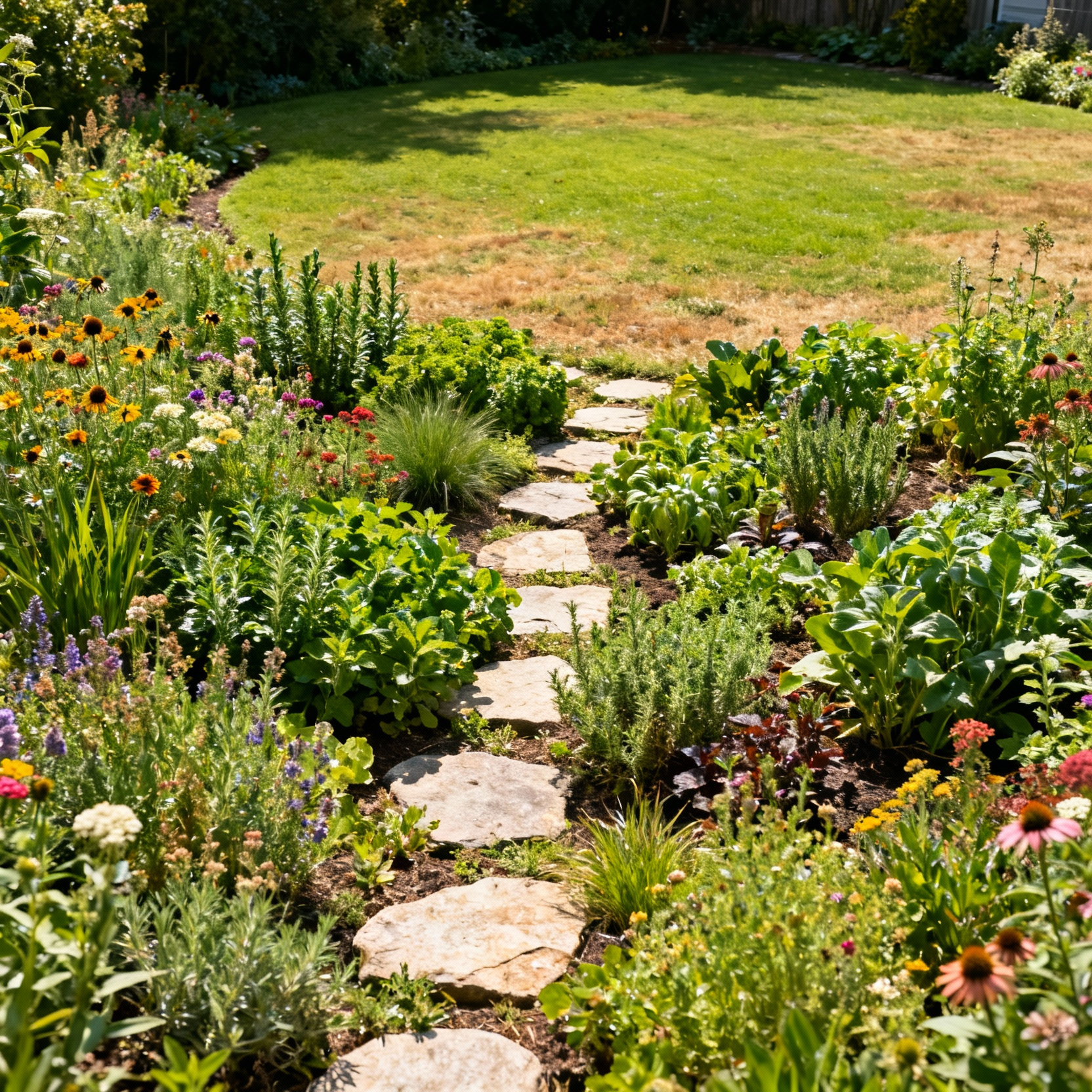 A detailed portrait of a diverse ecological lawn garden featuring native plants, flowers, and edible herbs, representing a departure from traditional monoculture lawns.