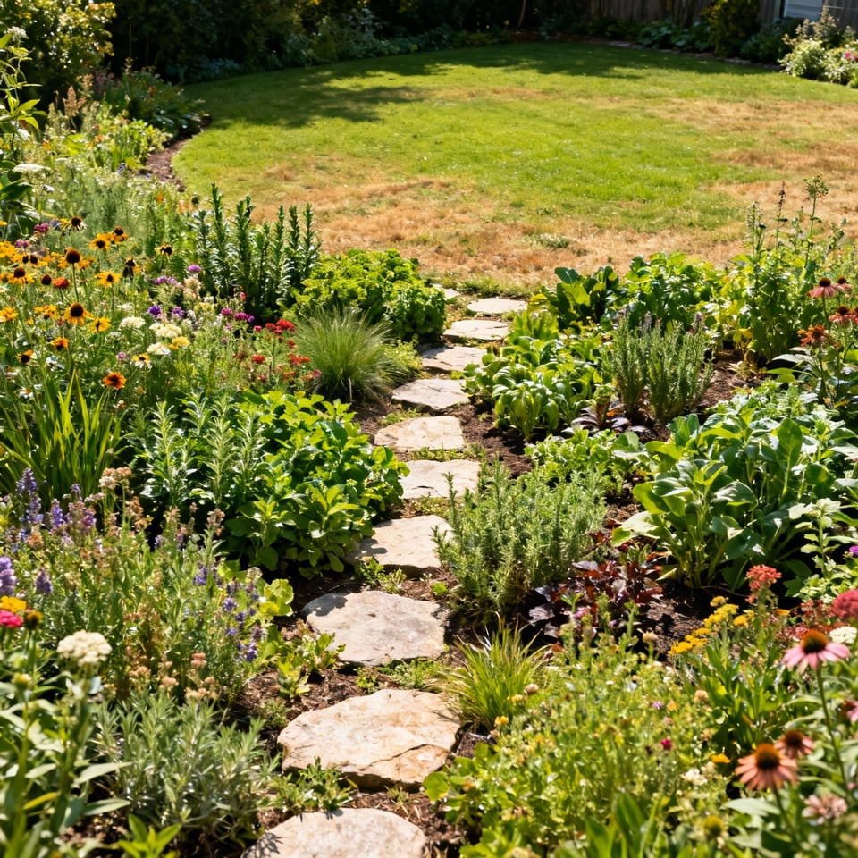 A detailed portrait of a diverse ecological lawn garden featuring native plants, flowers, and edible herbs, representing a departure from traditional monoculture lawns.