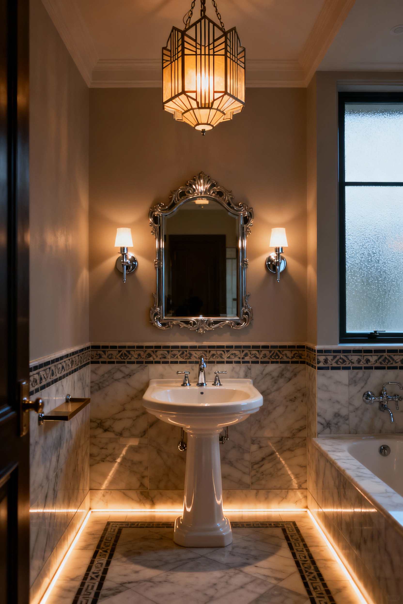 Vintage bathroom with carefully layered lighting, featuring an Art Deco chandelier, polished chrome sconces flanking a mirror, and subtle accent lights. The scene shows a transitional ambiance created by varying light sources, emphasizing a sophisticated ritual space.