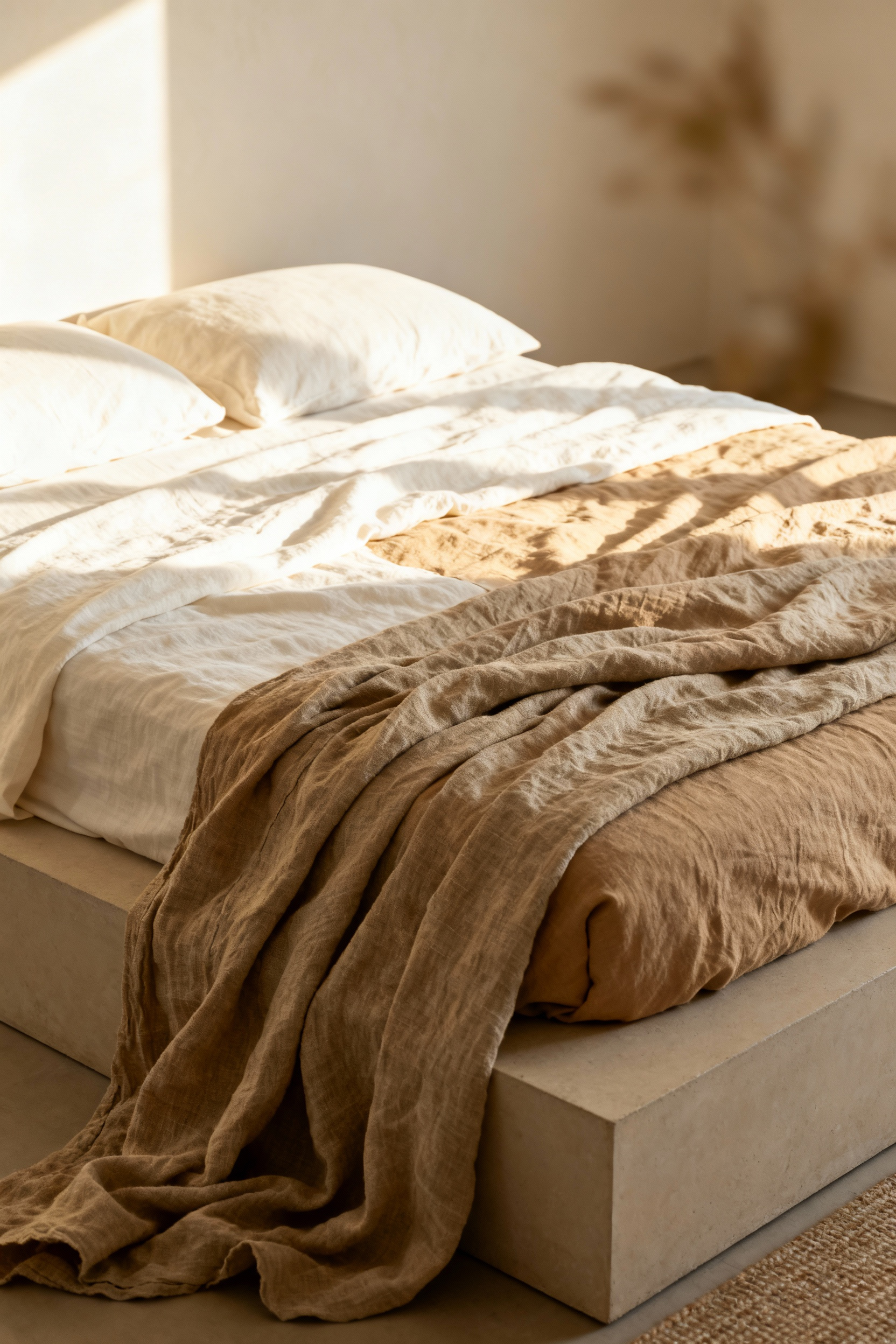 A layered bed in a minimalist beige bedroom featuring wrinkled linen and cotton bedding in shades of cream and sand, highlighted by soft sunlight.