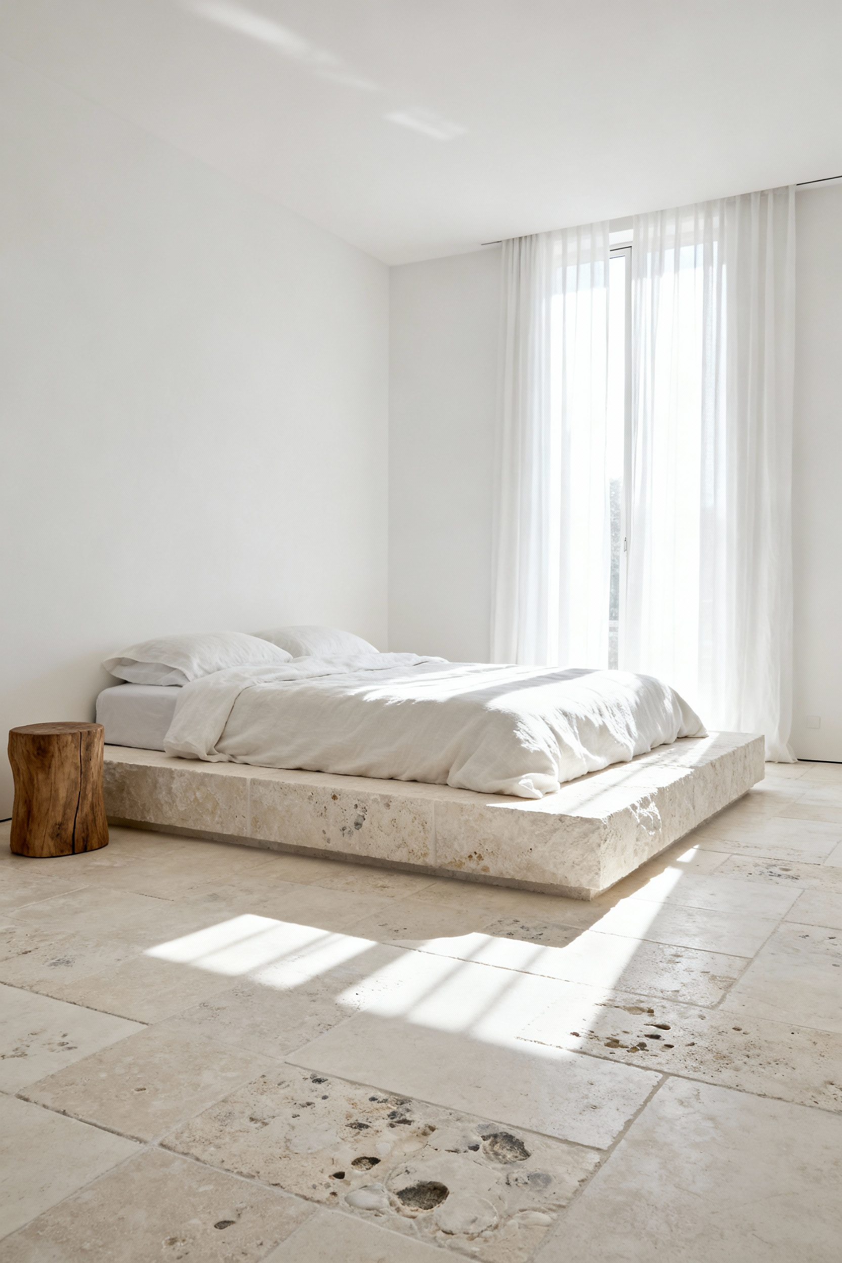 A serene, minimalist white bedroom featuring expansive flooring made of textured, pale limestone slabs that absorb strong natural light, providing thermal mass and grounding the bright space.