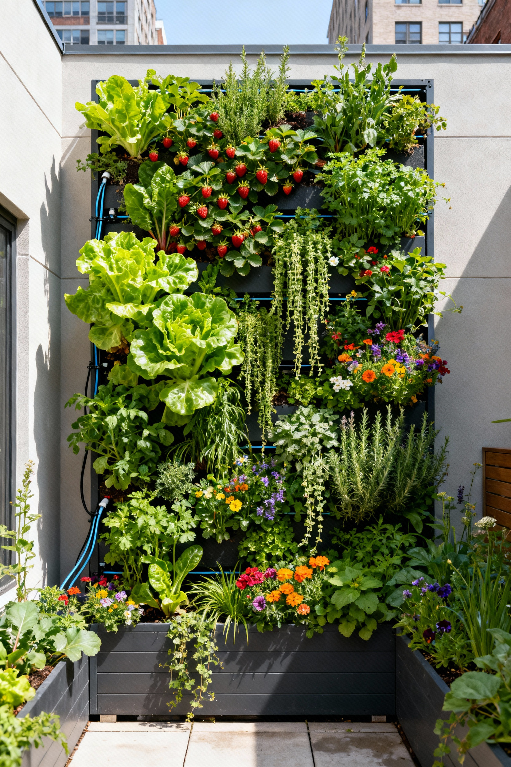 A professional portrait photograph of a vibrant, modular living wall filled with diverse edible plants, herbs, and native flowers in an urban setting, illustrating spatial efficiency in a small garden.