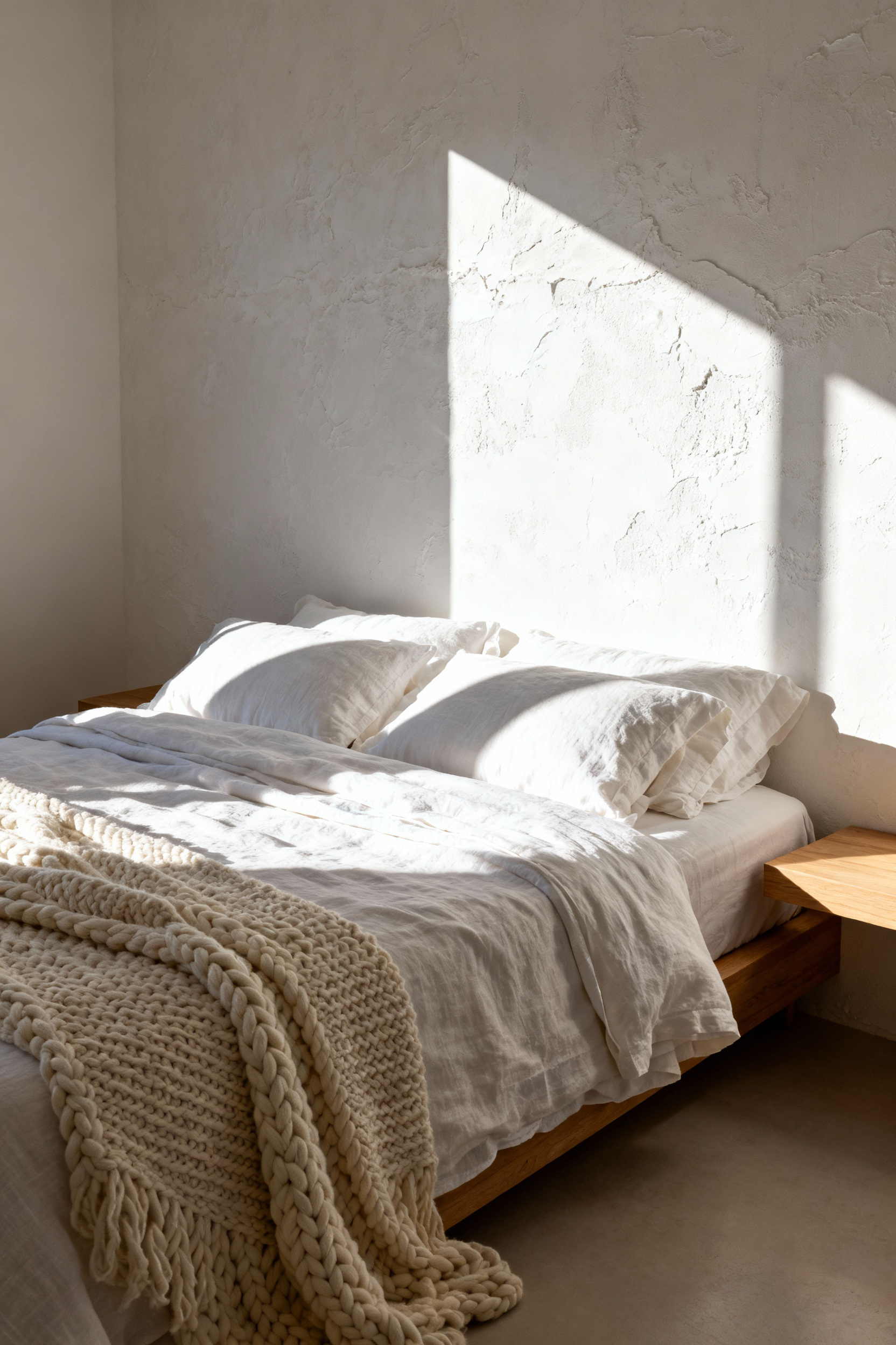 A bright, textural white bedroom featuring a layered bed, natural light oak furniture, and deep shadows that highlight the hand-troweled plaster walls, emphasizing warmth and organic elements over clinical minimalism.