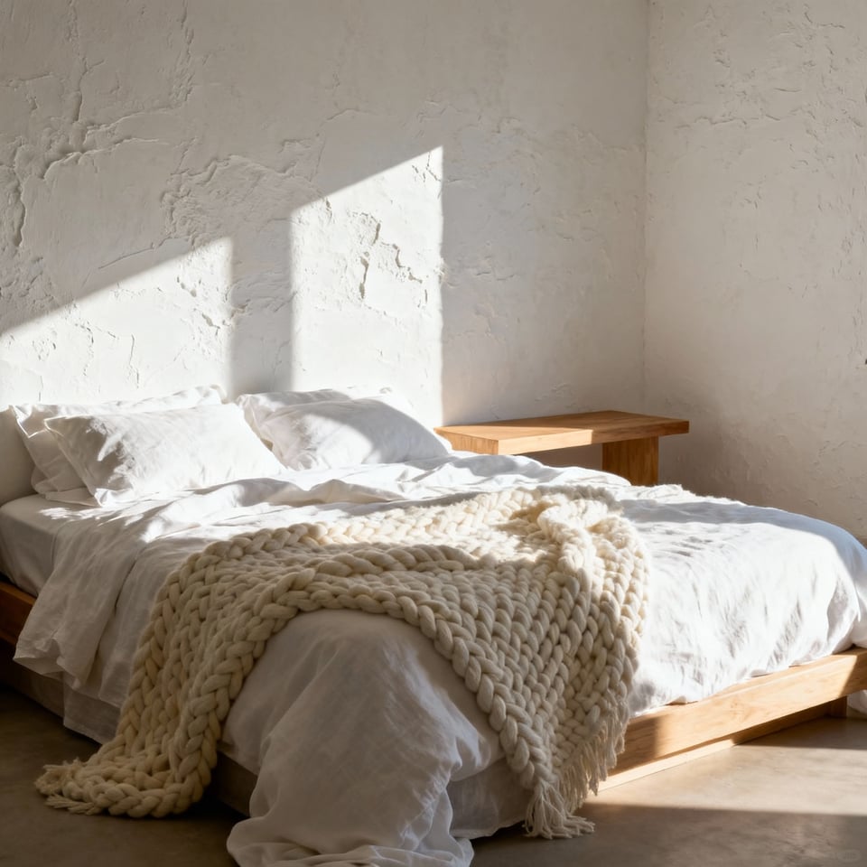 A bright, textural white bedroom featuring a layered bed, natural light oak furniture, and deep shadows that highlight the hand-troweled plaster walls, emphasizing warmth and organic elements over clinical minimalism.