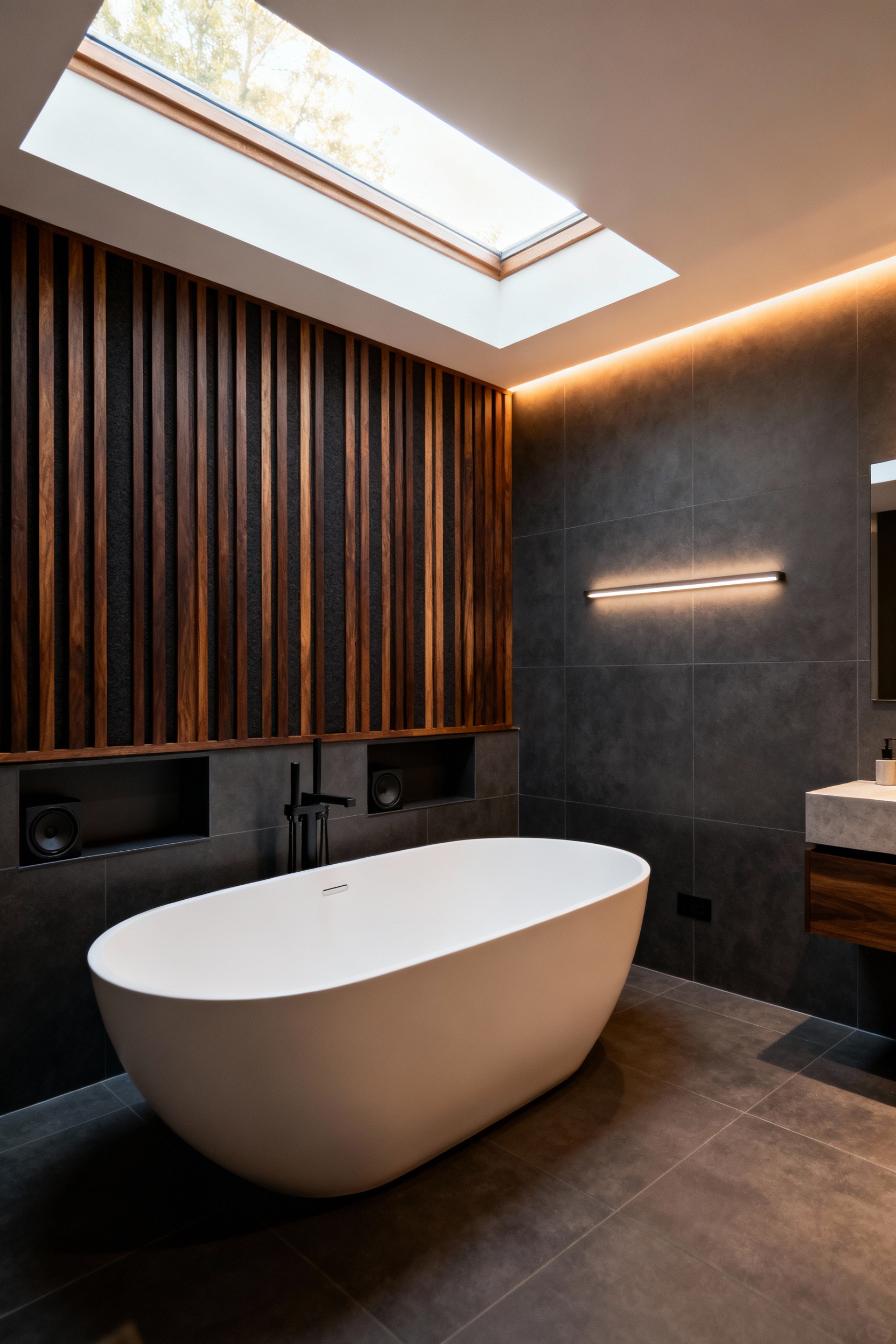 A modern luxury bathroom featuring a freestanding tub, vertical walnut wood acoustic paneling on the wall, and integrated hidden speakers designed to dampen echoes and enhance meditative audio.