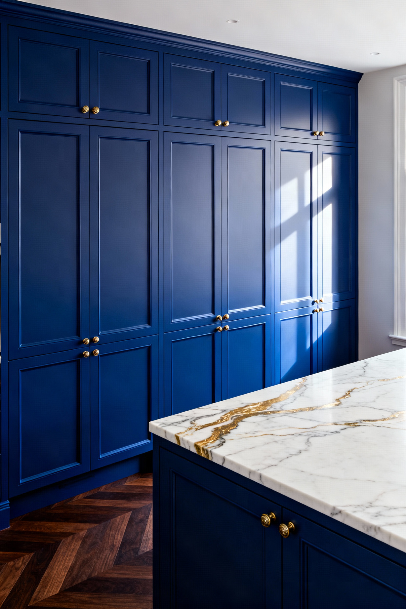 High-resolution photograph of traditional, luxury inset kitchen cabinets painted deep sapphire blue, showcasing the perfectly flush-set joinery and precision detailing characteristic of heirloom millwork.