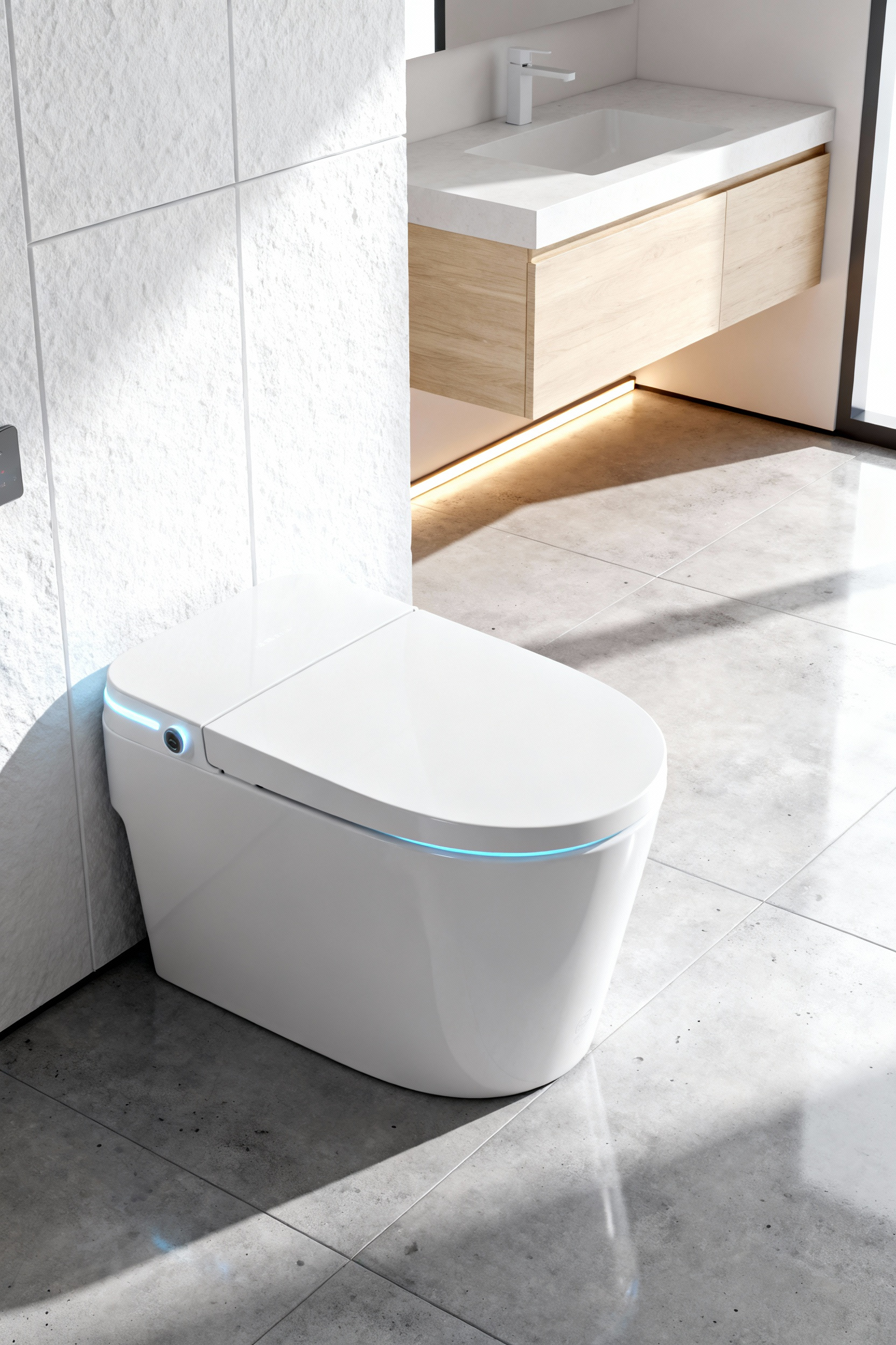A high-tech, tankless intelligent bidet system centered in a luxury modern bathroom with polished concrete floors and a floating light wood vanity.