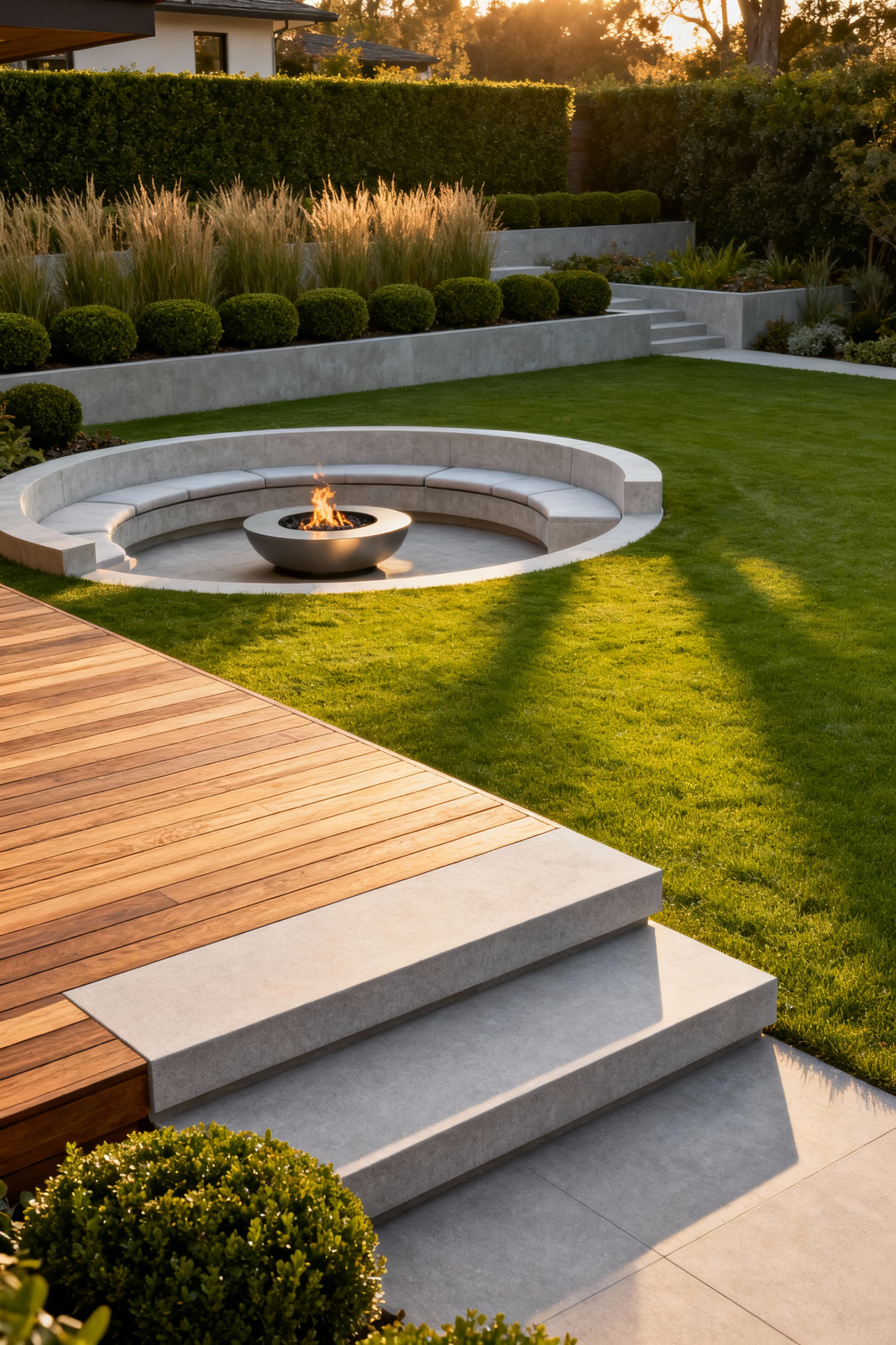 High-angle view of a luxury multi-level lawn garden featuring a raised viewing deck, wide stone steps, and a circular sunken seating area with a concrete fire pit in the lower garden space.