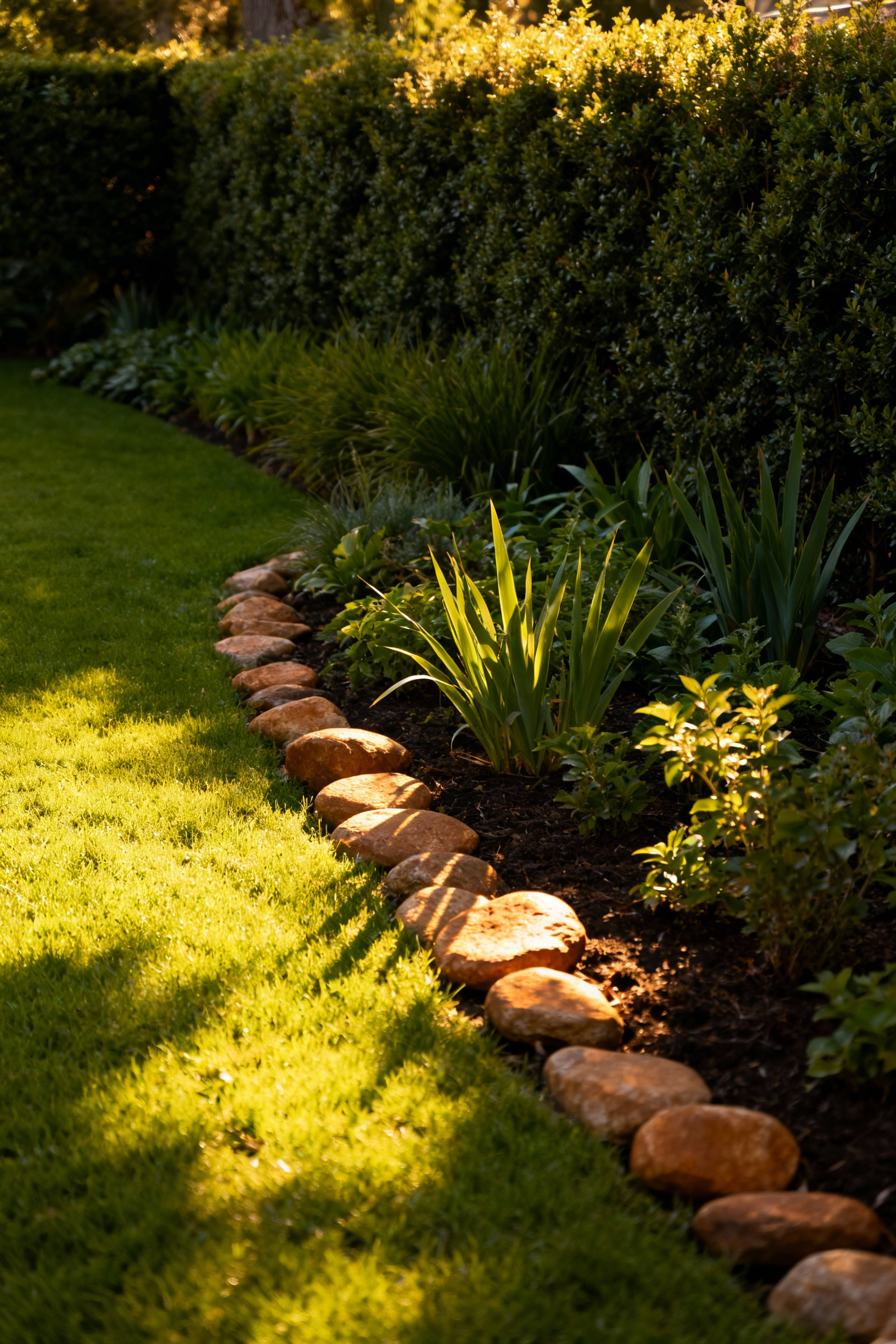 Garden landscape showing successful microclimate manipulation with a living windbreak, thermal mass stones, and thriving, healthy plants in optimal growing conditions.