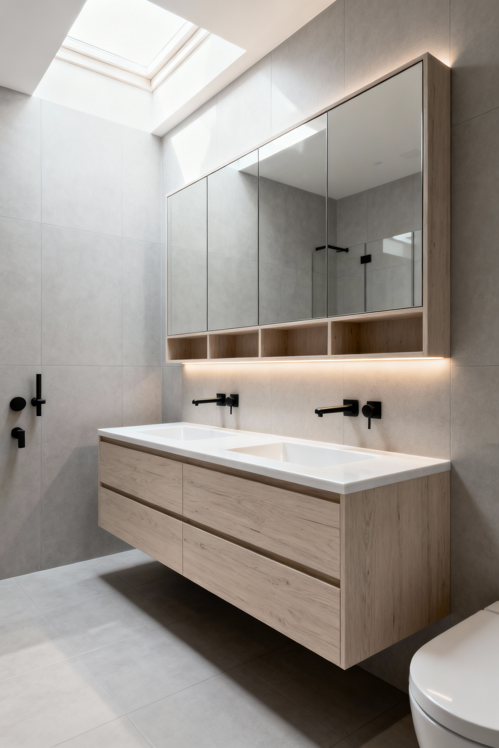 A hyper-minimalist modern bathroom featuring a floating wood vanity and clear white quartz countertops, symbolizing visual silence and mental clarity achieved through concealed storage in a mindful morning routine.