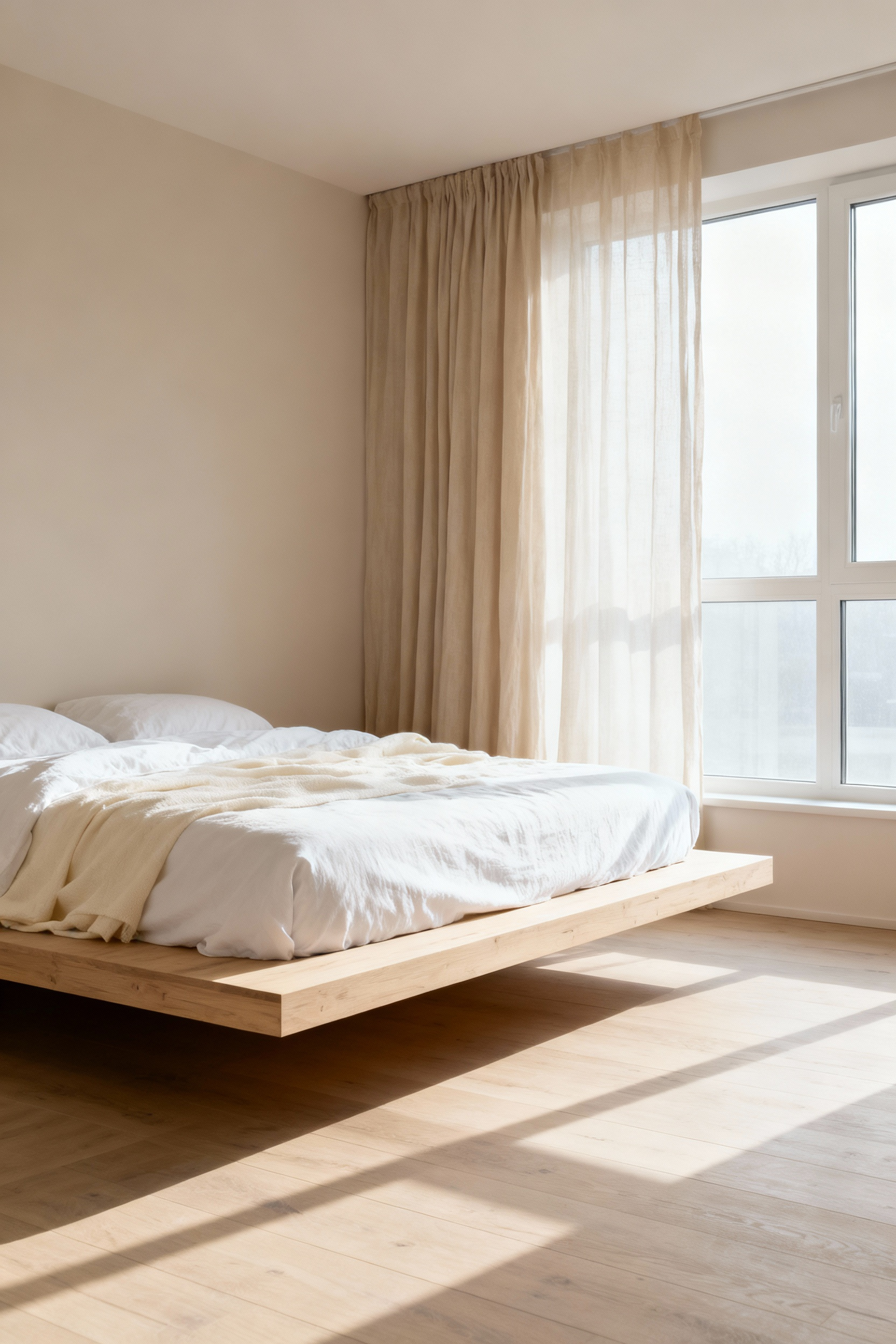 A beige and cream minimalist bedroom interior showing a clear floor space and empty area beneath the low platform bed to promote temperature-regulating airflow.