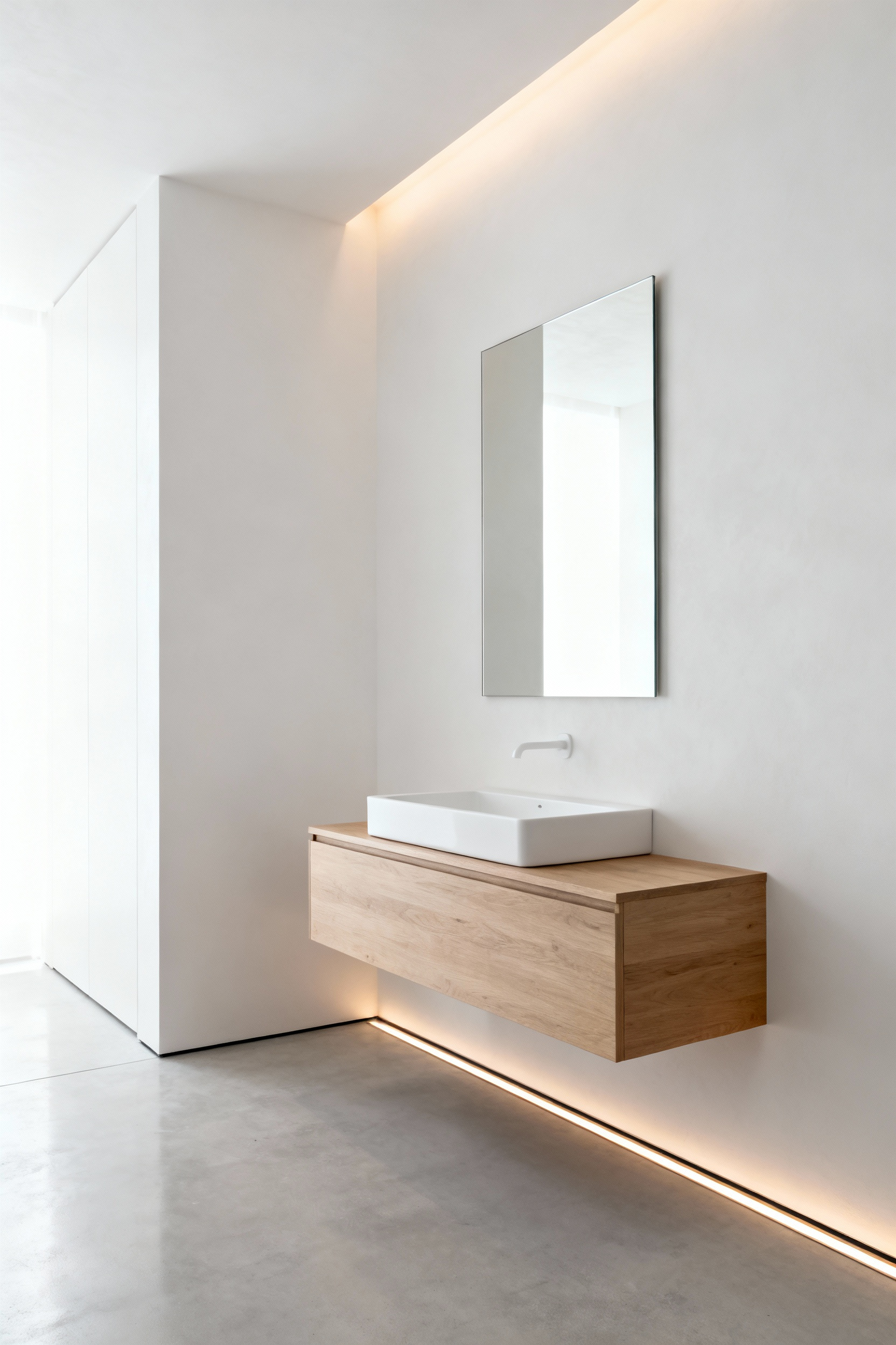 A minimalist bathroom featuring white walls separated from a polished concrete floor by an illuminated recessed shadow gap, creating a modern floating architectural effect.