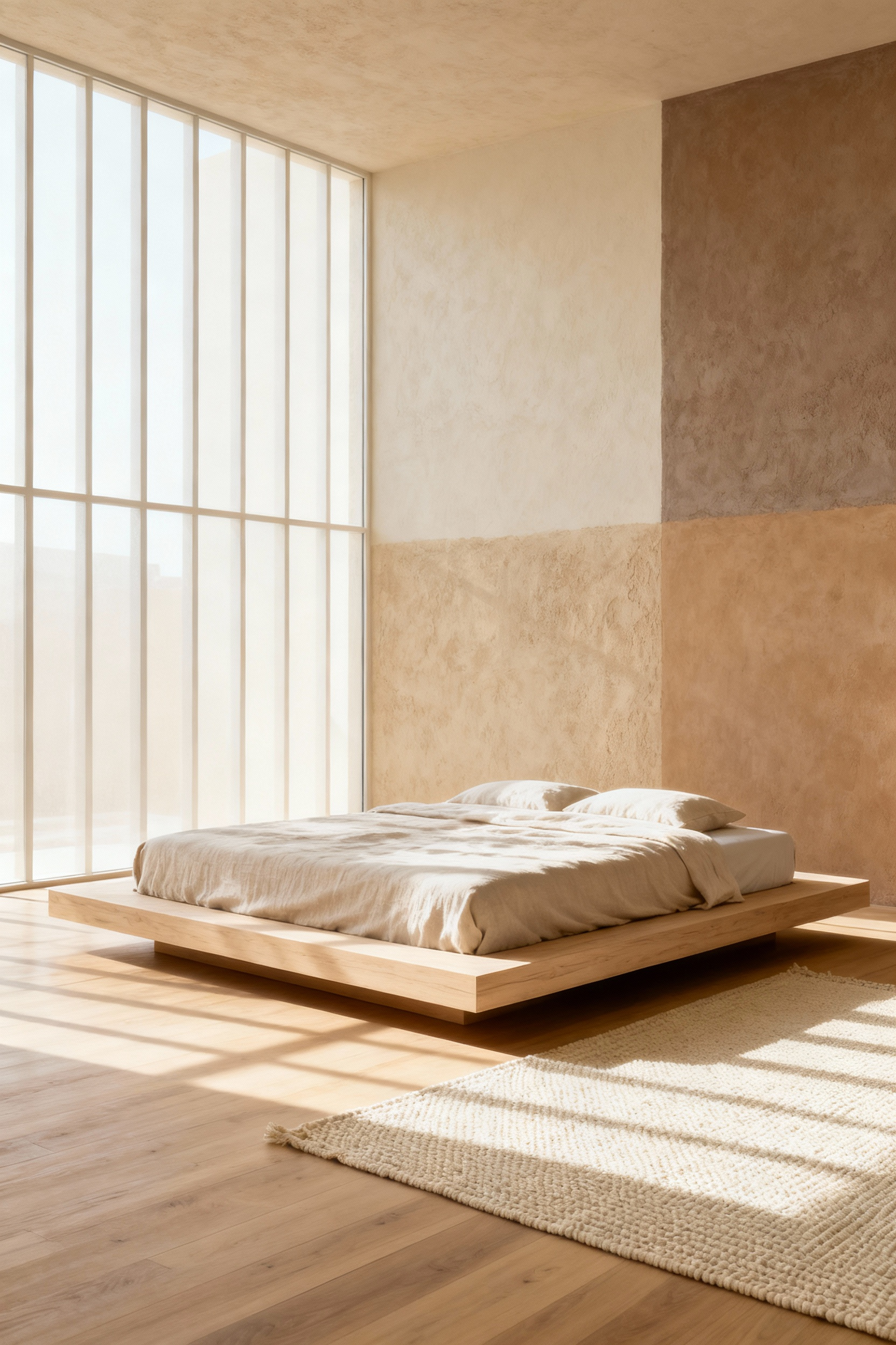 Minimalist beige bedroom featuring an ultra low-profile platform bed, promoting a tranquil atmosphere and maximizing vertical space in a modern interpretation of Majlis floor seating.