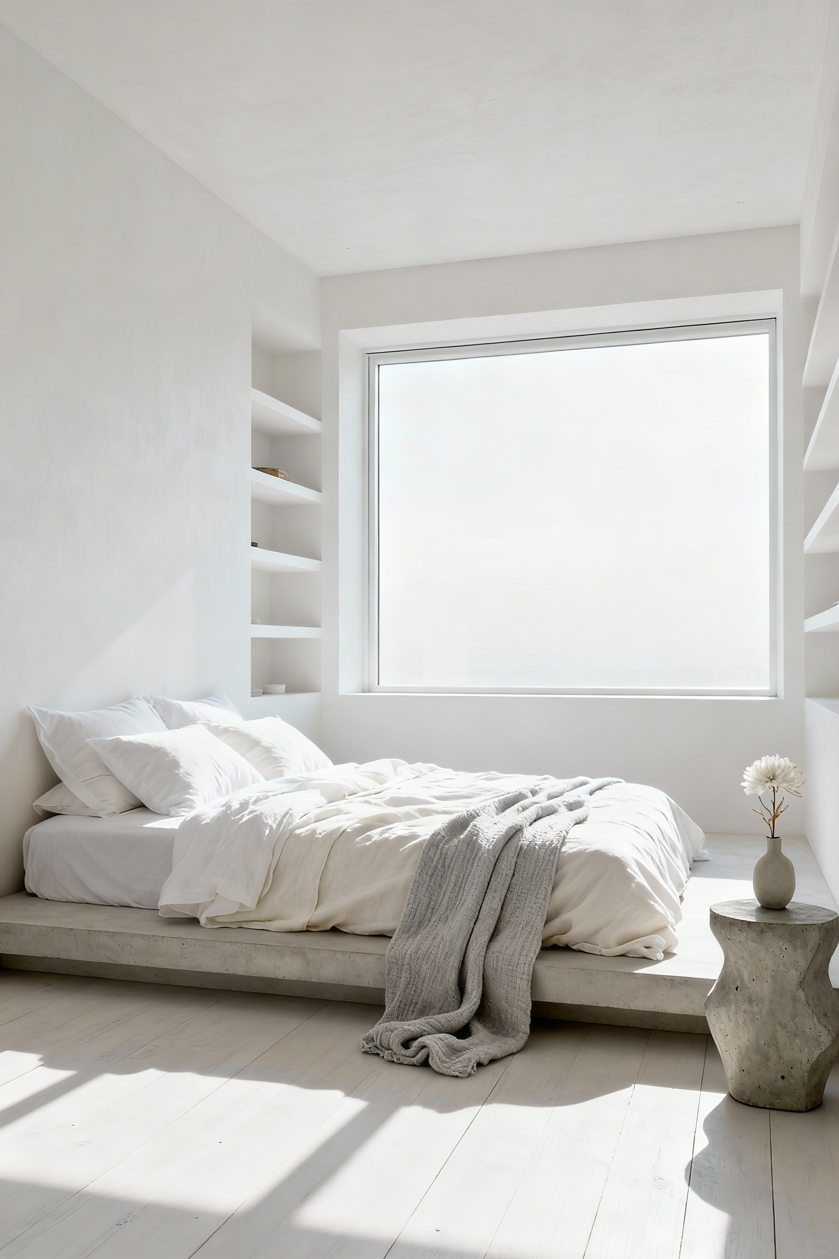A pristine, minimalist white bedroom featuring a platform bed, layered linen bedding, and a large window flooding the space with diffused natural light, emphasizing architectural clarity and stillness.