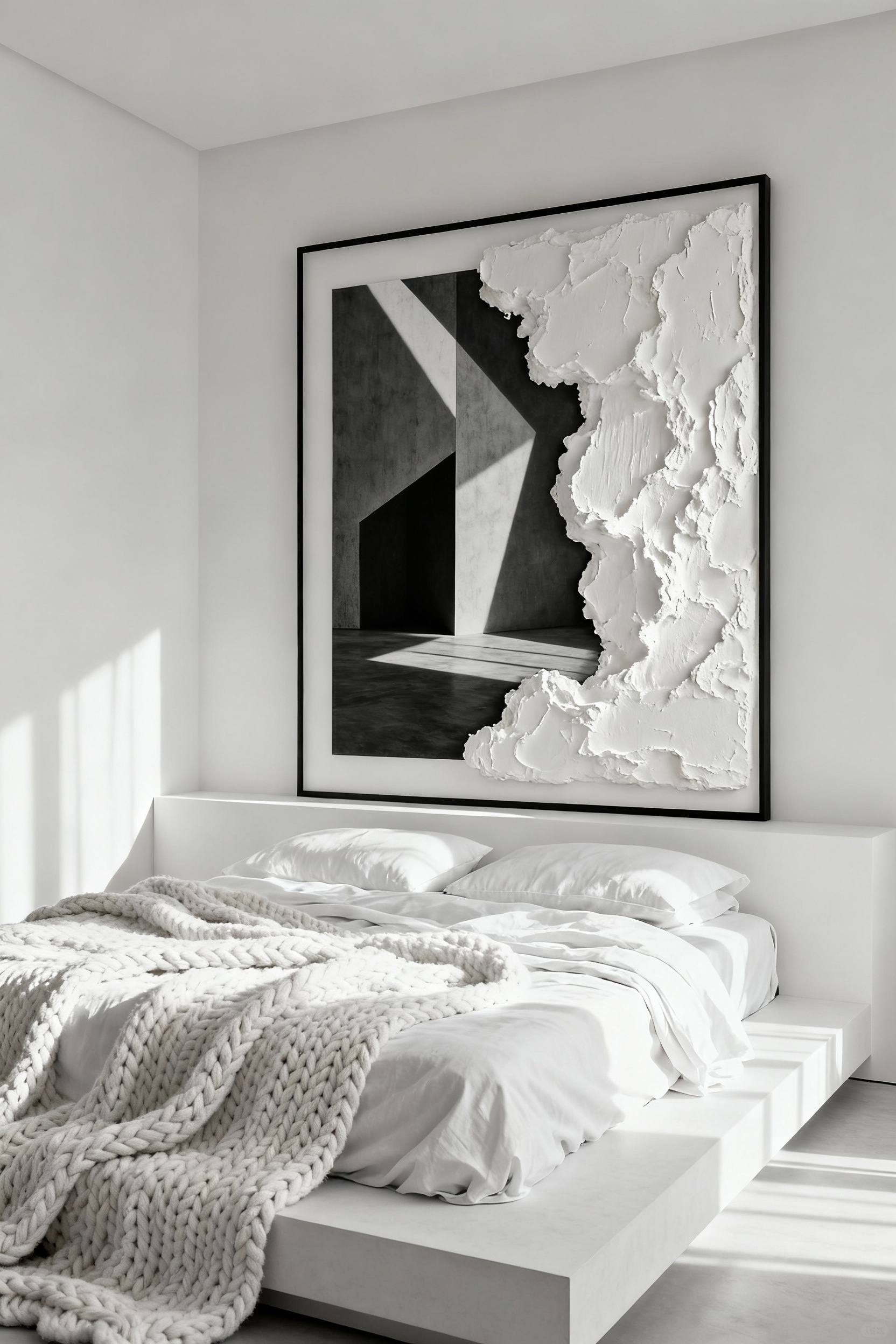 Minimalist white bedroom featuring a platform bed, layered linen textiles, and a large mixed-media art piece above the headboard that combines high-contrast photography with thick white textured relief.