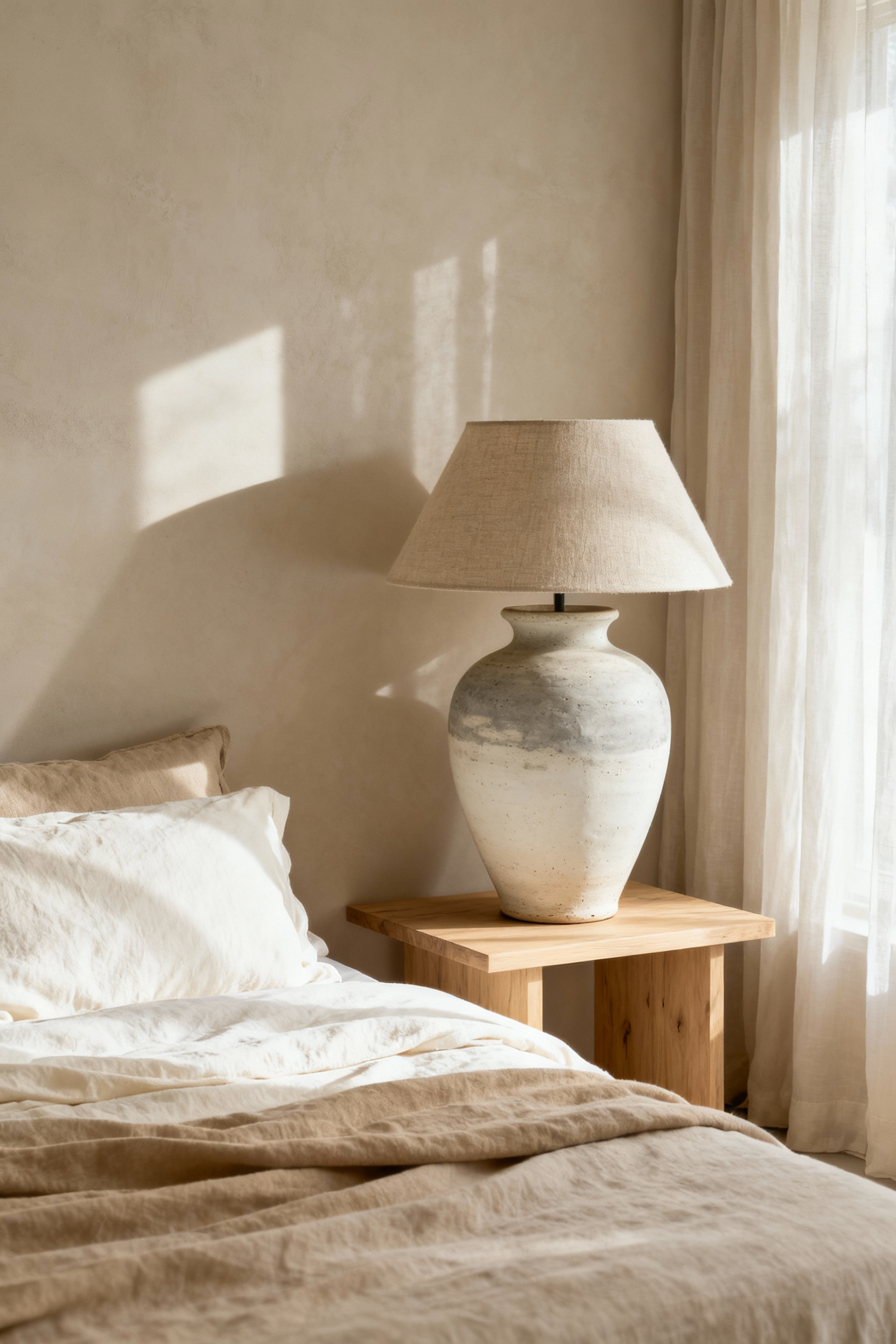 A minimalist beige bedroom featuring a hand-thrown, unglazed matte ceramic urn lamp on a light wood nightstand, emphasizing wabi-sabi aesthetic and functional art.