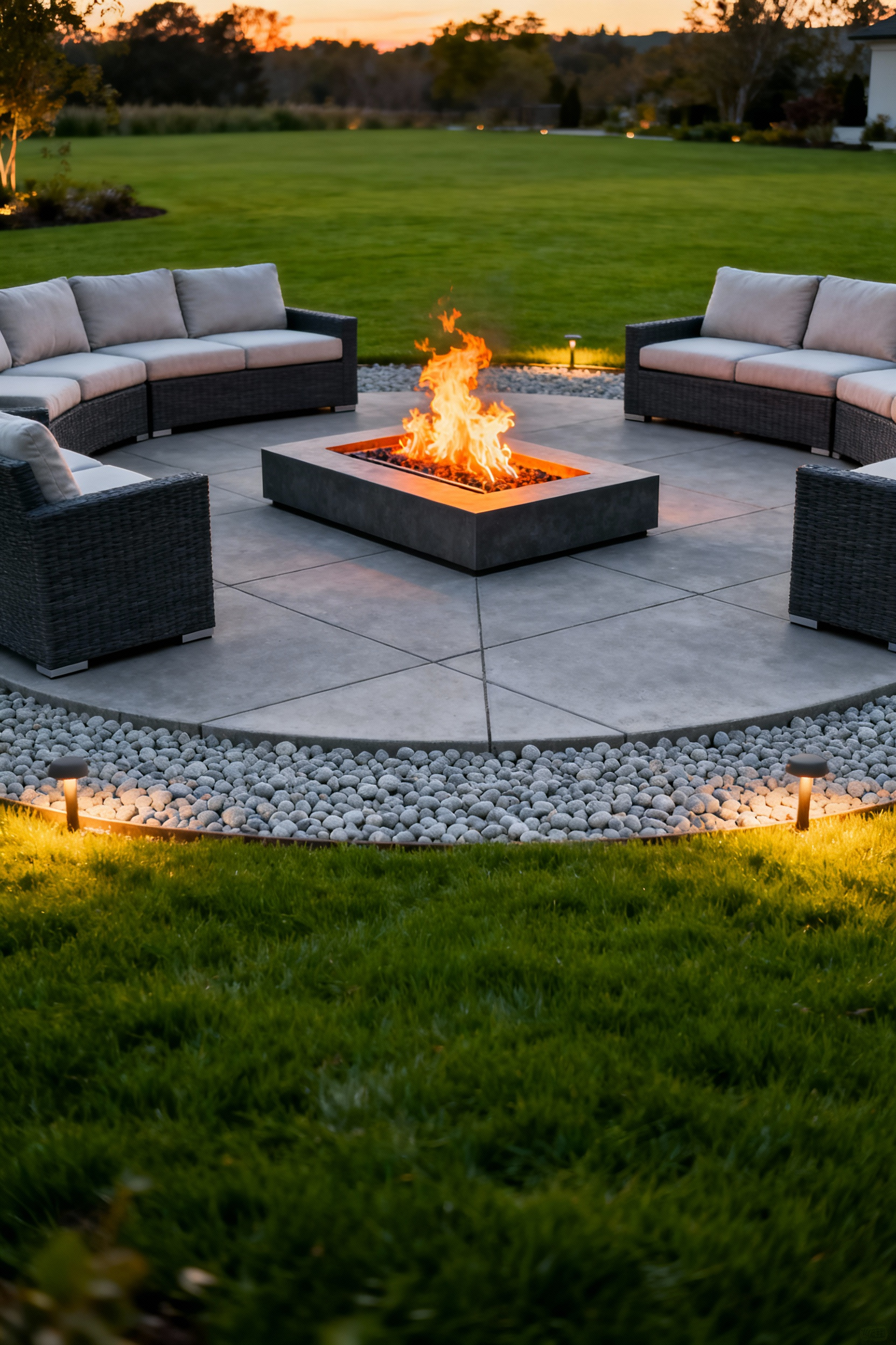 Modern lawn garden fire pit gathering area set on a contrasting concrete paver patio surrounded by deep-seated outdoor furniture at twilight.