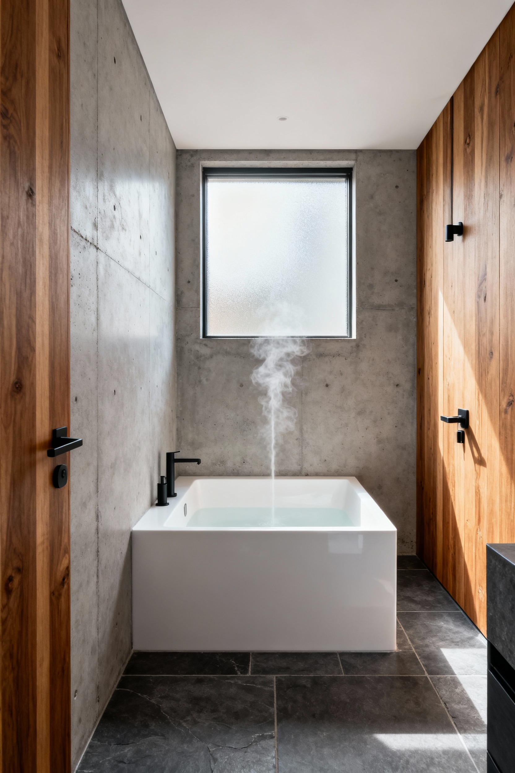 A compact modern bathroom featuring a deep, square white Ofuro soaking tub designed for vertical immersion, surrounded by polished concrete walls and slate flooring.
