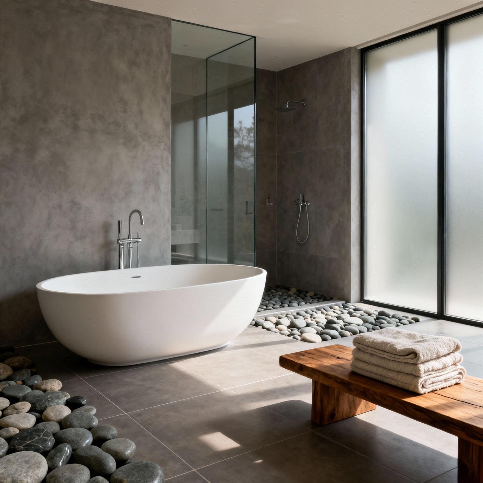 Expansive Modern Zen bathroom sanctuary featuring a deep soaking tub, a walk-in shower with smooth river rock flooring, and stacked organic cotton towels, emphasizing peaceful design and tactile variation.