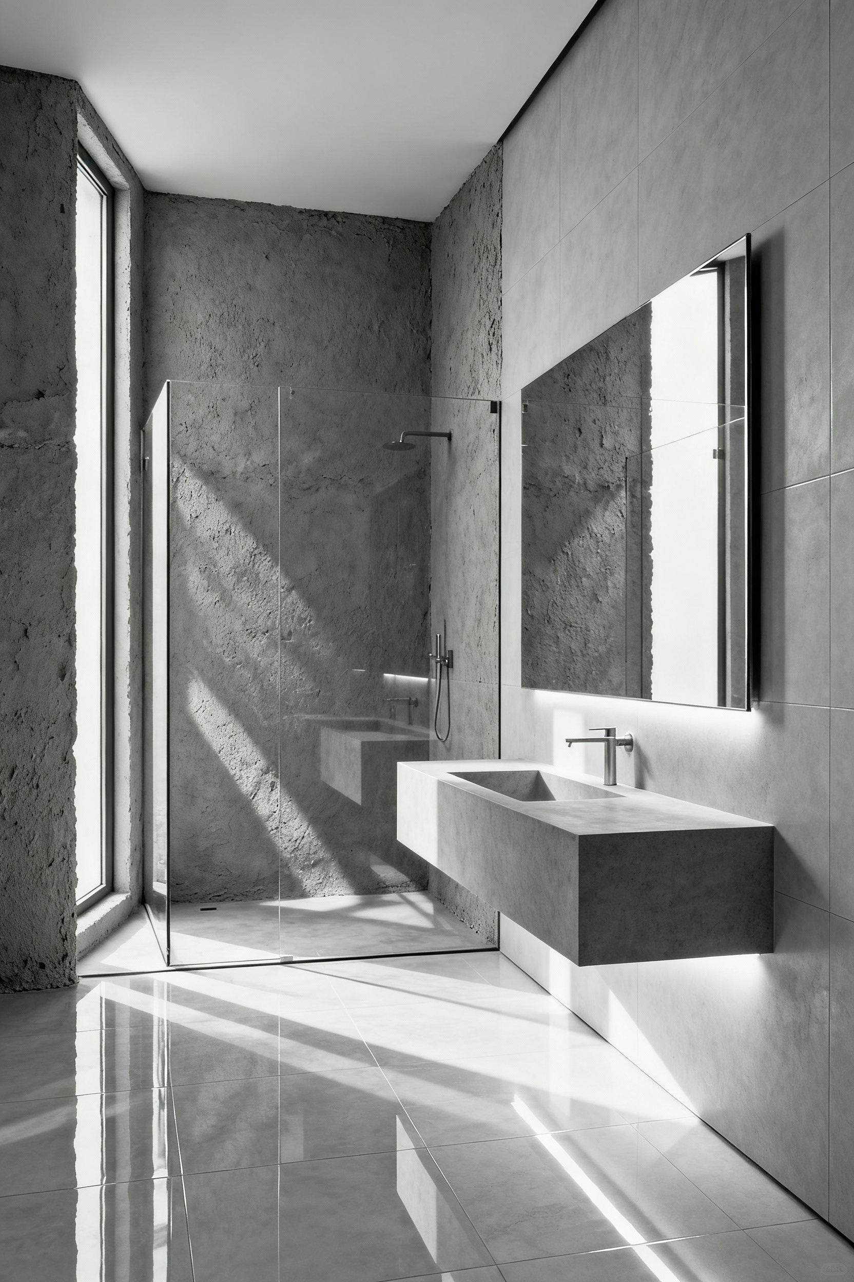 A light gray monochromatic bathroom featuring contrasting finishes: glossy polished porcelain tiles on the walls reflecting light brightly, and rough matte stucco in the shower area absorbing light to create sophisticated depth.