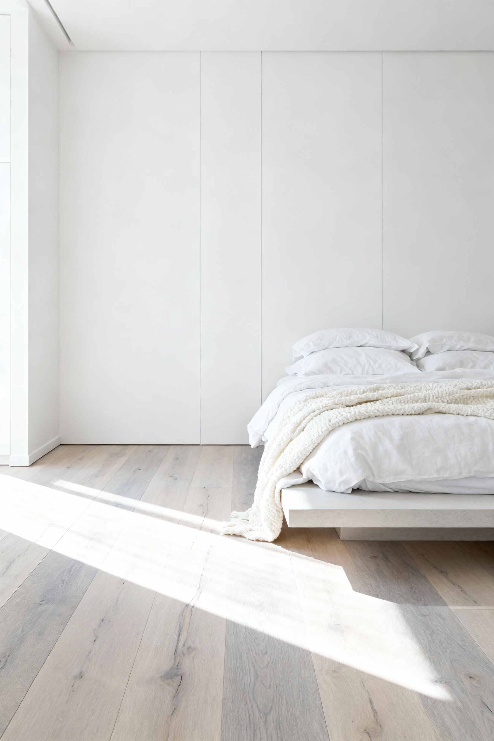 A serene white monochrome bedroom anchored by wide plank bleached oak flooring, demonstrating how warm sand-toned wood grounds a high-contrast space.