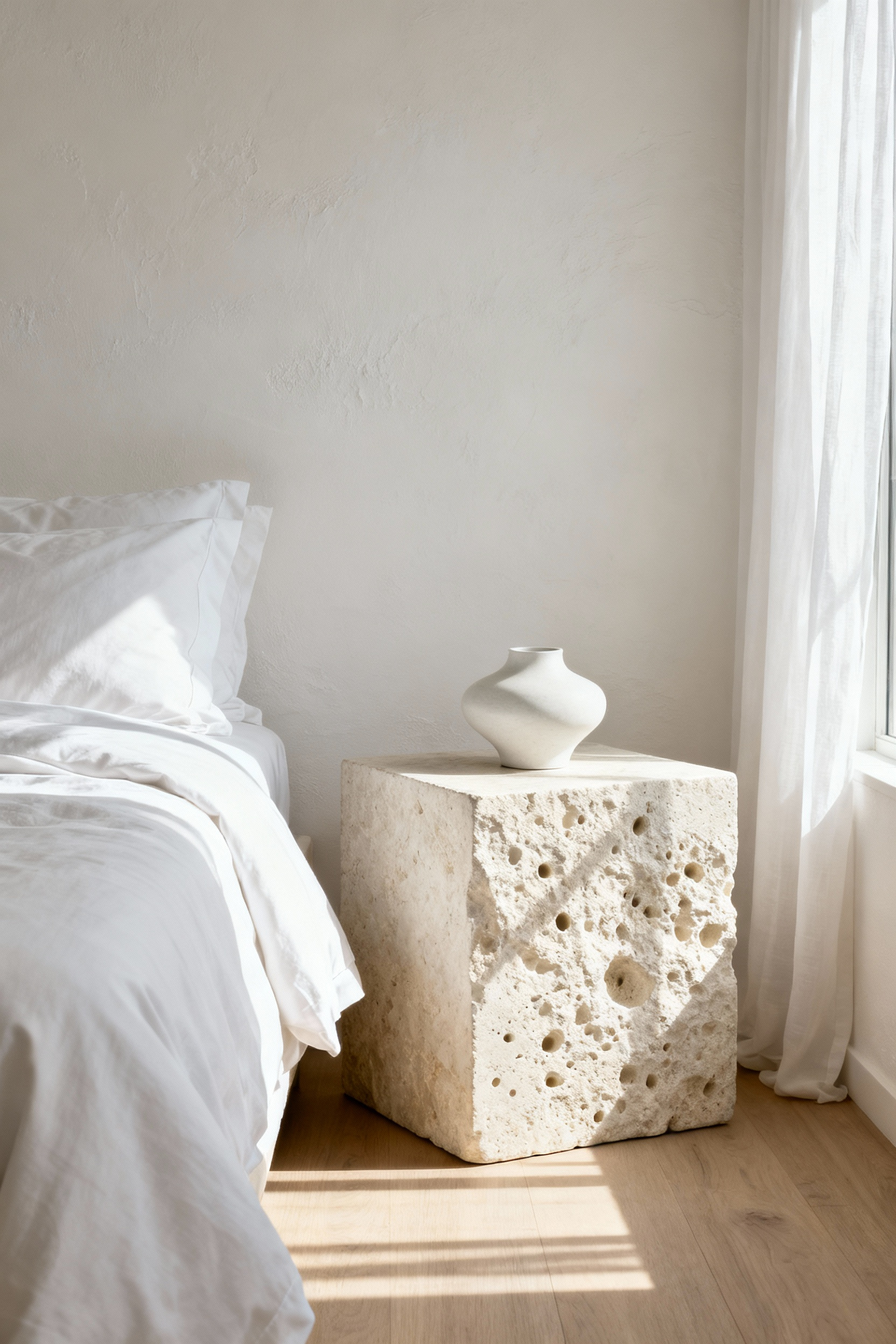 A warm minimalist white bedroom featuring a monolithic ivory travertine side table next to a bed dressed in crisp white linens, serving as a solid grounding anchor.