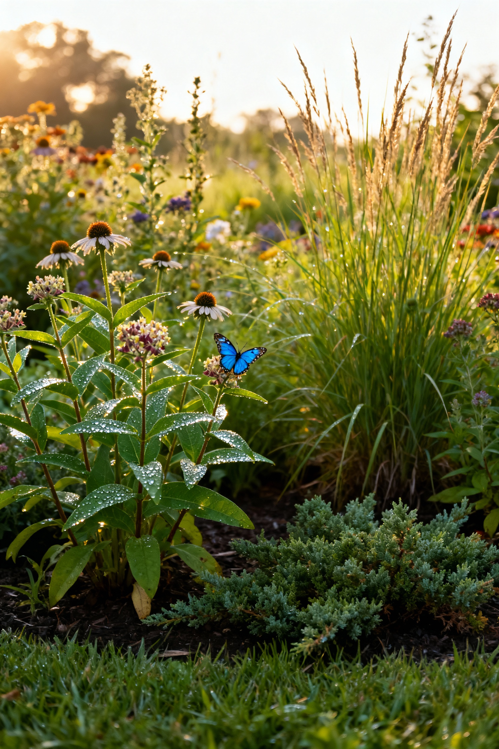 Vibrant garden scene featuring diverse native plant species like wildflowers, grasses, and shrubs, with a butterfly on a milkweed plant, illustrating a healthy local ecosystem and regenerative gardening practices.
