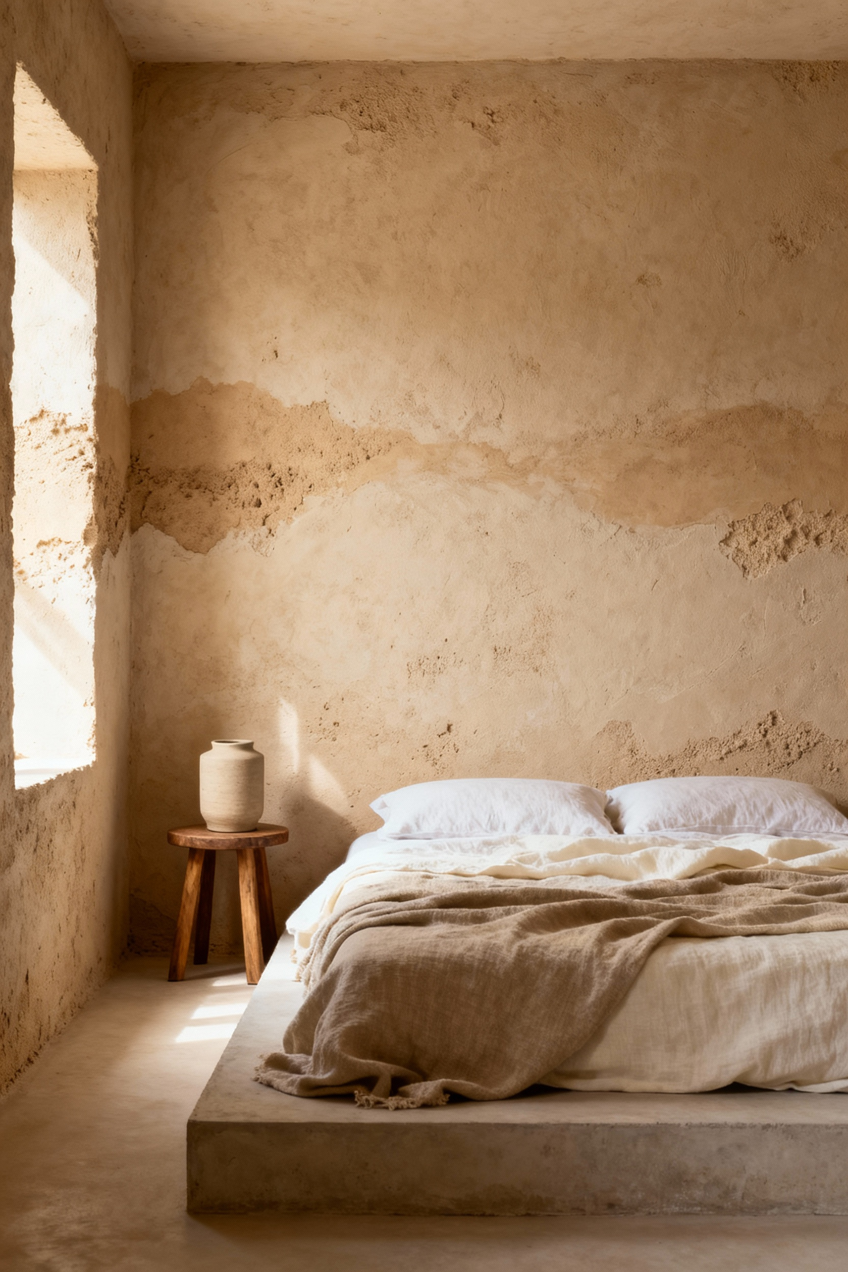 A minimalist beige bedroom featuring a wall finished in textured, matte natural clay plaster designed to passively regulate indoor humidity.