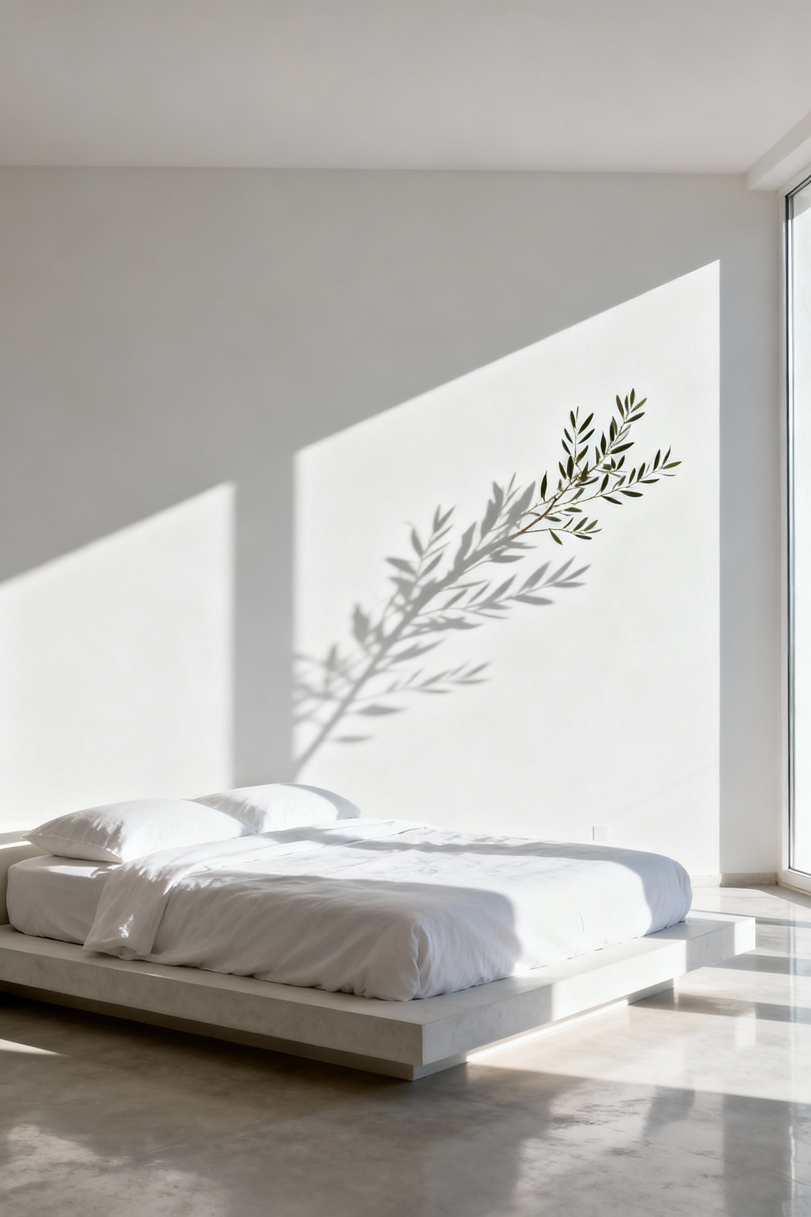 A stark white, minimalist bedroom wall featuring the intricate, razor-sharp shadow of an olive branch cast by harsh natural light, demonstrating the principle of negative space as luxury decor.