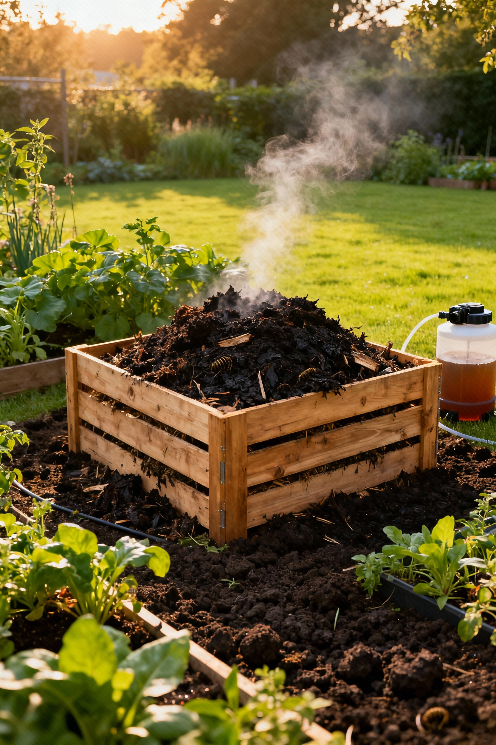 A vibrant garden scene featuring an advanced on-site composting system with rich, dark compost, integrated seamlessly into the lush landscape, illustrating healthy soil and sustainable nutrient cycling.
