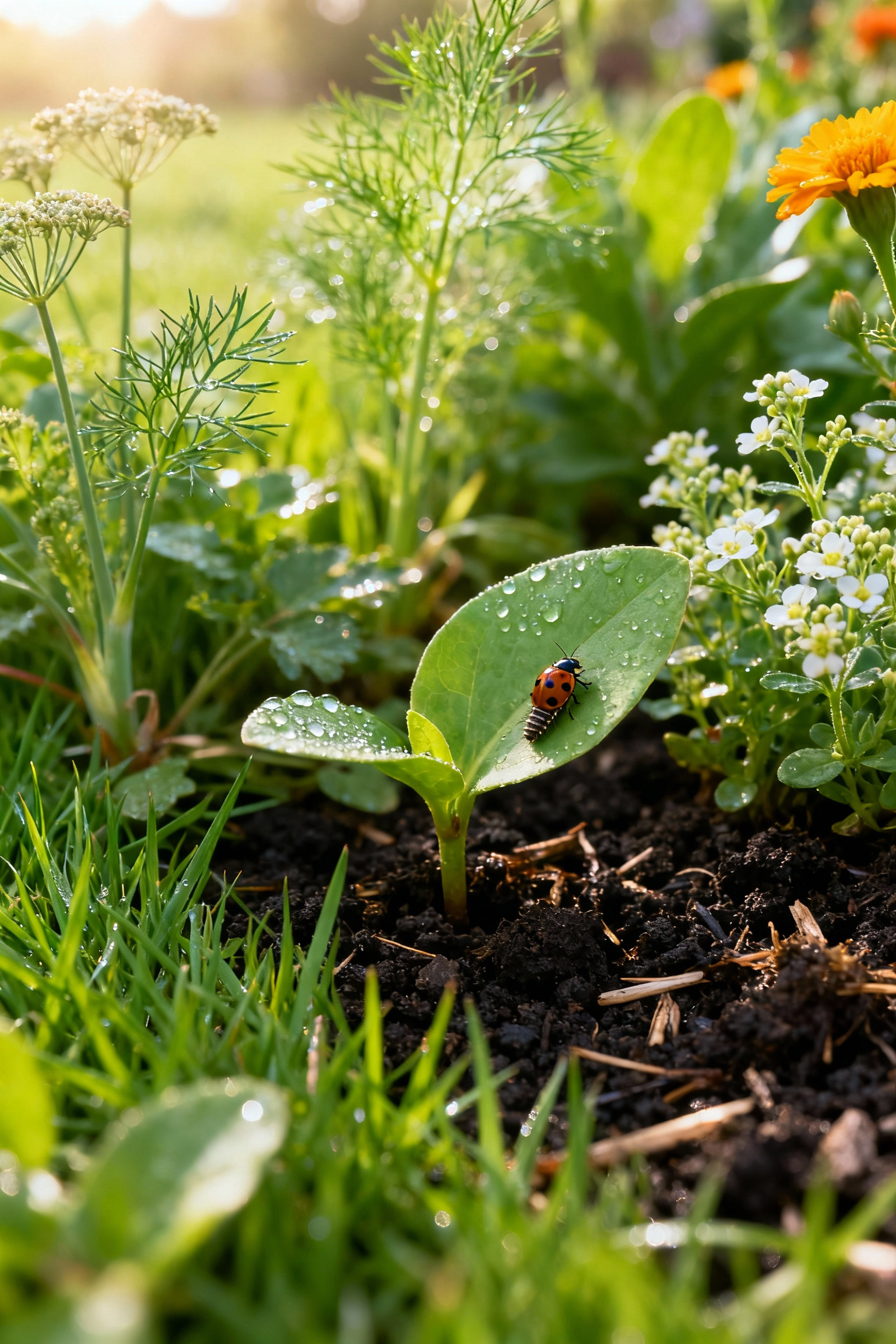 A vibrant ecological lawn garden featuring diverse native plants, companion plants like marigolds and dill, and healthy soil, with a beneficial insect (ladybug larva) visible on a leaf, symbolizing proactive organic pest control and early intervention strategies.