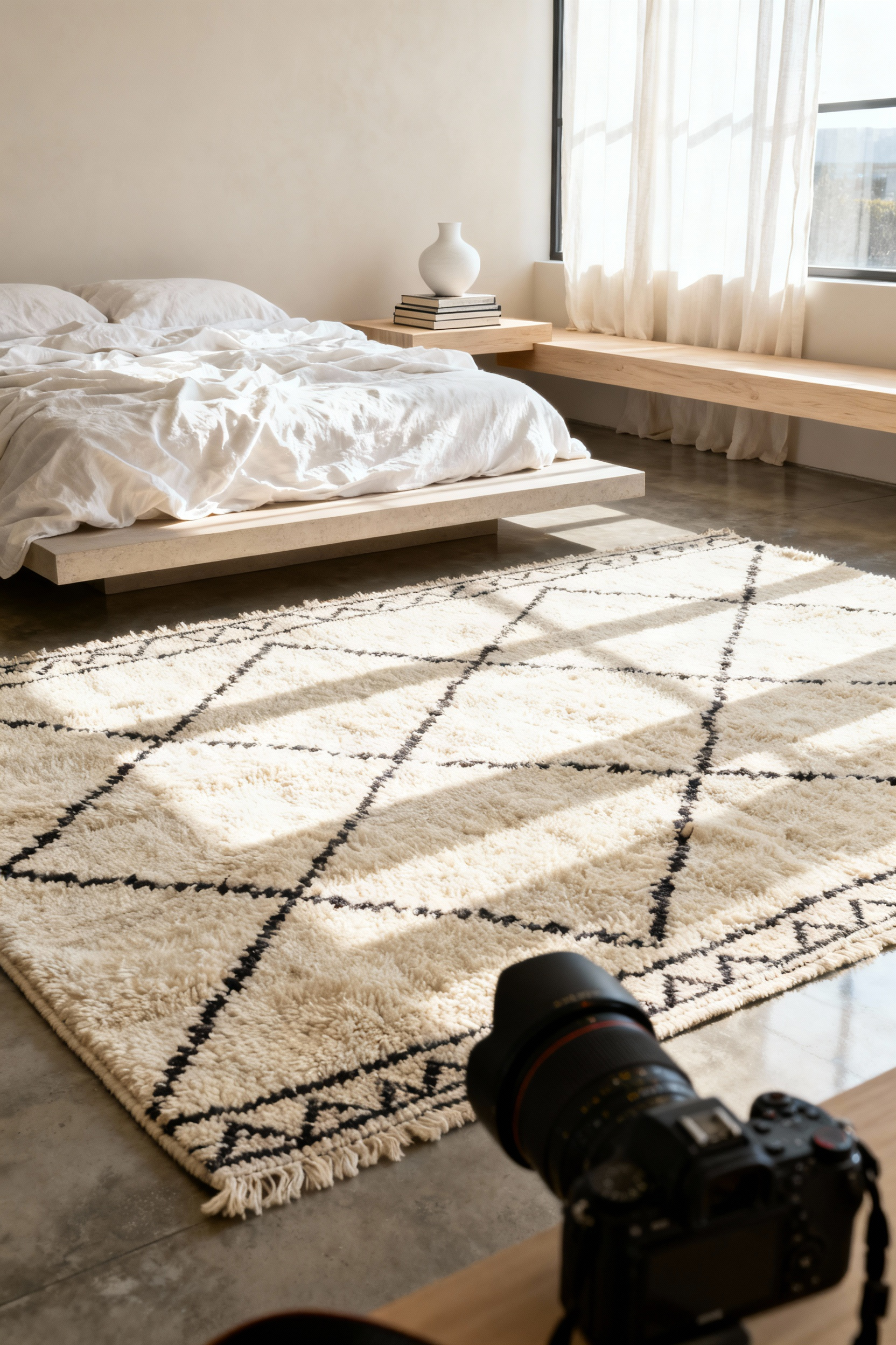 An oversized, high-pile creamy white Beni Ourain rug anchors a luxury minimalist white bedroom featuring a low platform bed dressed in linen.