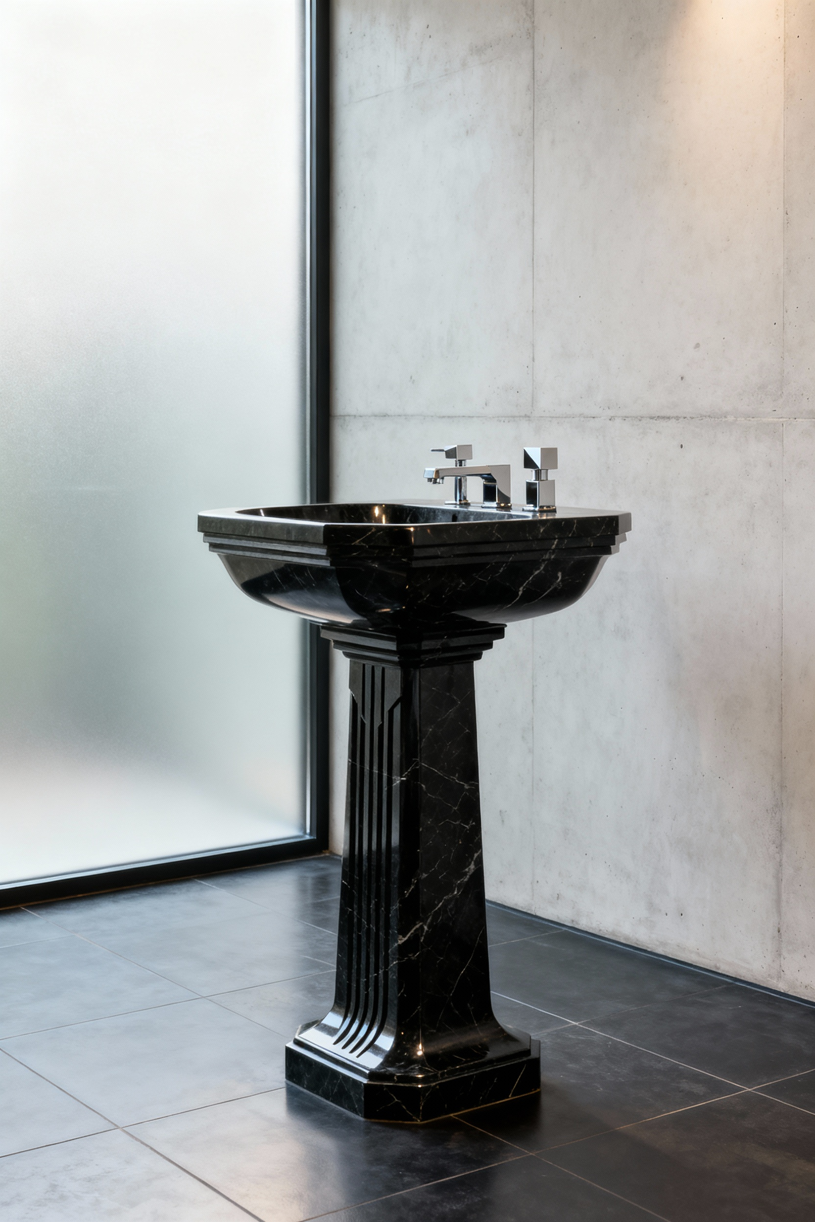 A majestic Art Deco black marble pedestal basin with chrome faucets, acting as a sculptural centerpiece in a minimalist, light-filled bathroom, emphasizing its elegant form and spatial dominance.