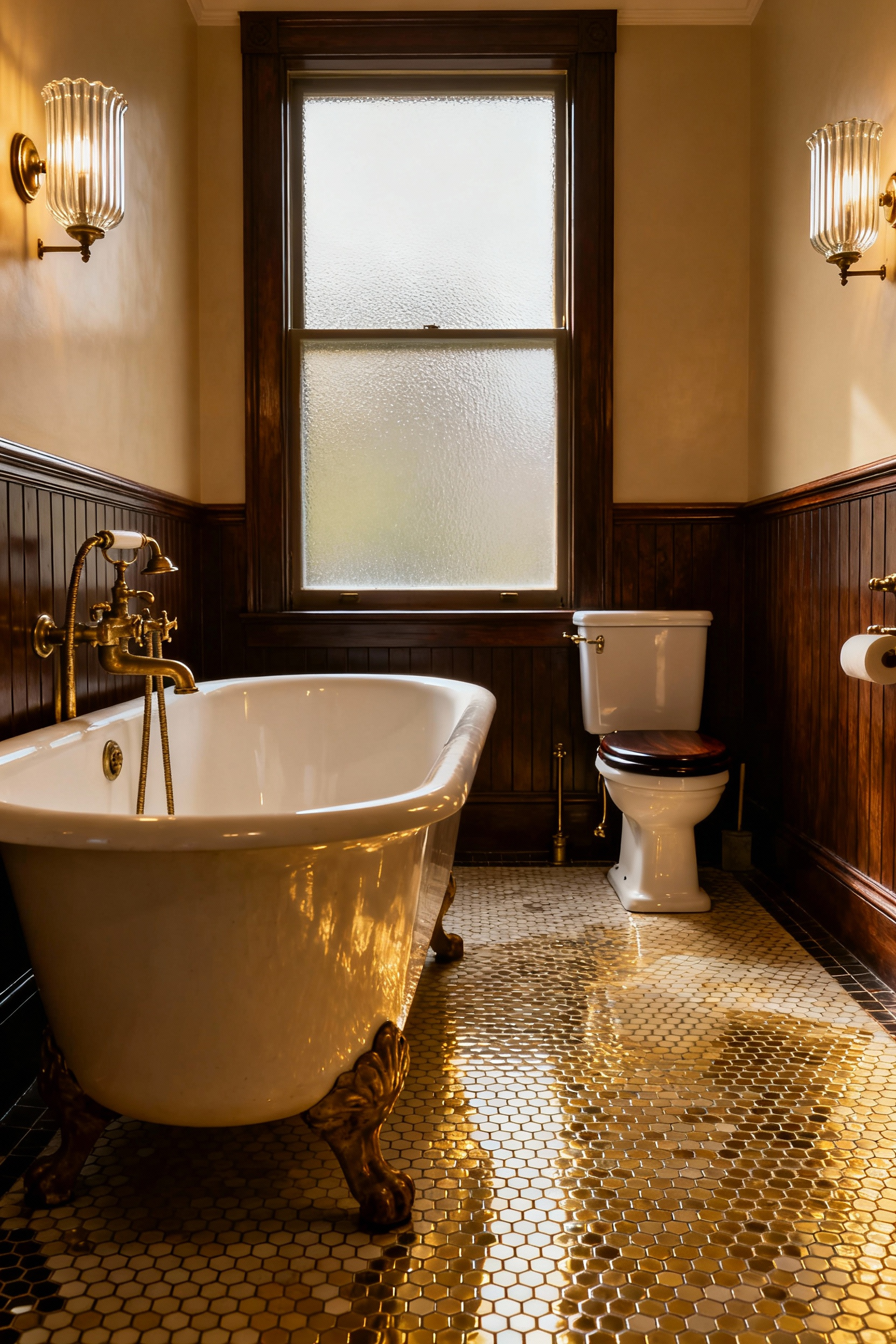 An authentically designed Victorian-era bathroom featuring a clawfoot tub, hexagonal mosaic tiles, a high-tank toilet, and fluted glass light fixtures, bathed in natural light, embodying period authenticity in design.