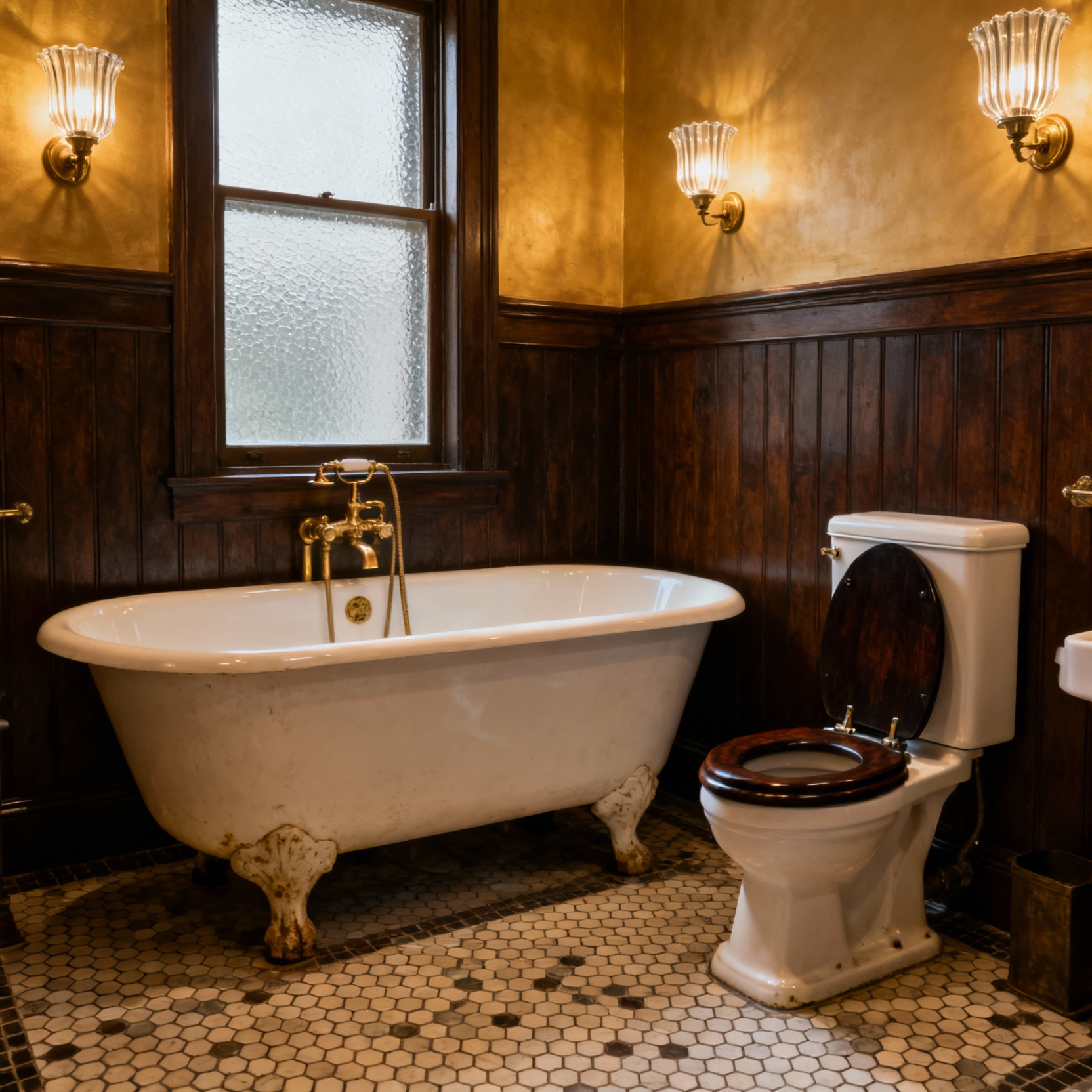 An authentically designed Victorian-era bathroom featuring a clawfoot tub, hexagonal mosaic tiles, a high-tank toilet, and fluted glass light fixtures, bathed in natural light, embodying period authenticity in design.